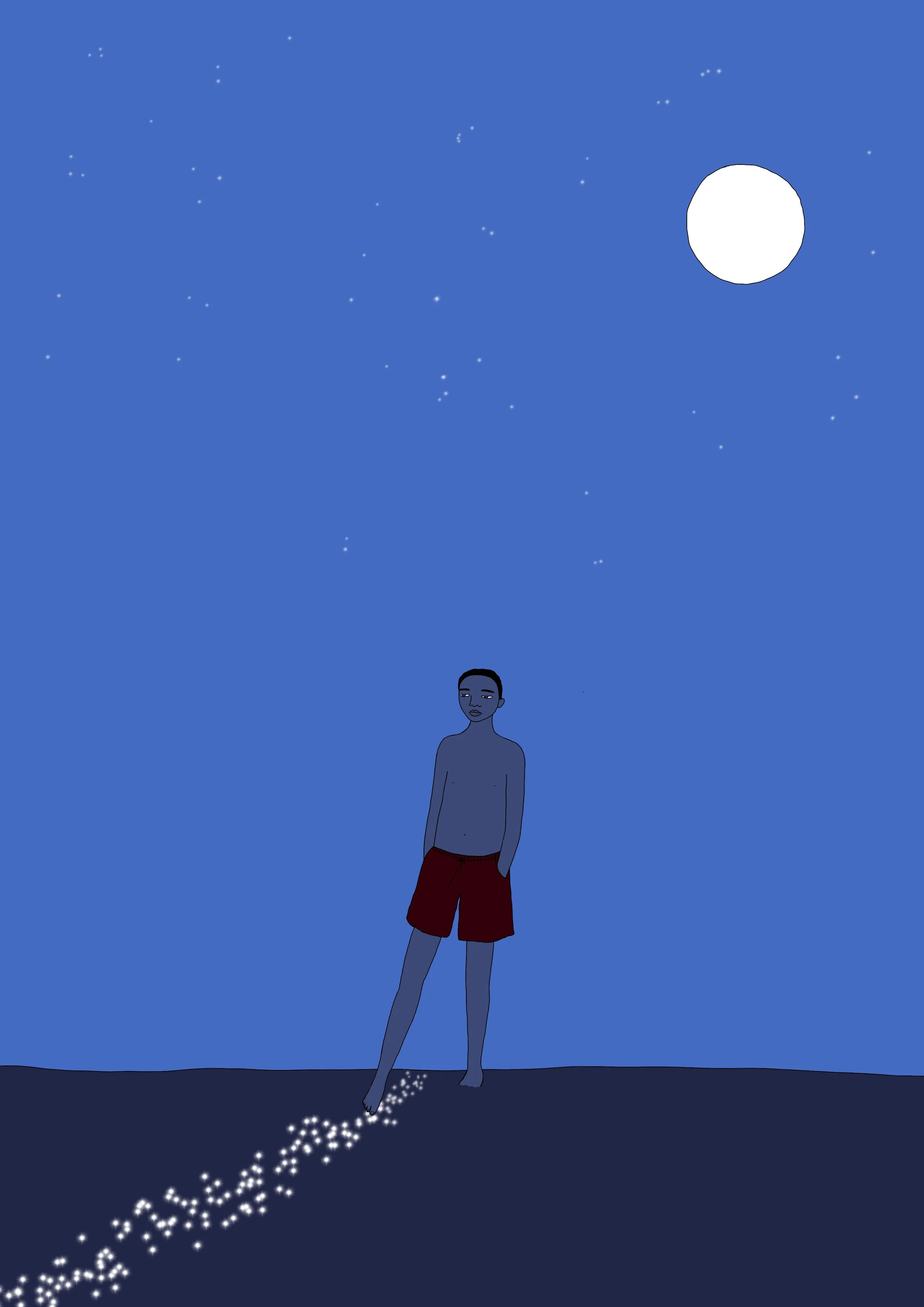 Illustration of a person with short hair, wearing red shorts, standing on the ground at night under a starry sky with a large full moon.