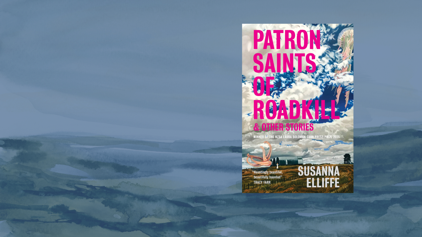 The book cover of 'Patron Saints of Roadkill & Other Stories' by Susanna Eliffe features a painted landscape with a cloudy sky, a barn, and fields. Large pink text displays the book's title and author's name.