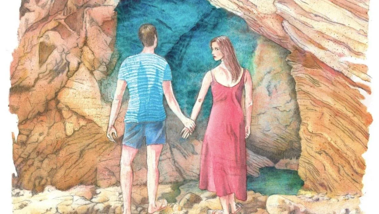 A watercolor painting of a young man and woman holding hands, facing a cave entrance with rocks and water inside.