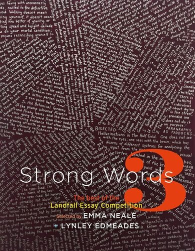 Book cover titled 'Strong Words: Landfall Essay Competition' by Emma Neale and Lynley Edmeades features a background of densely packed white text on a black background forming a heart shape, with three red circles connected by white lines in the center.