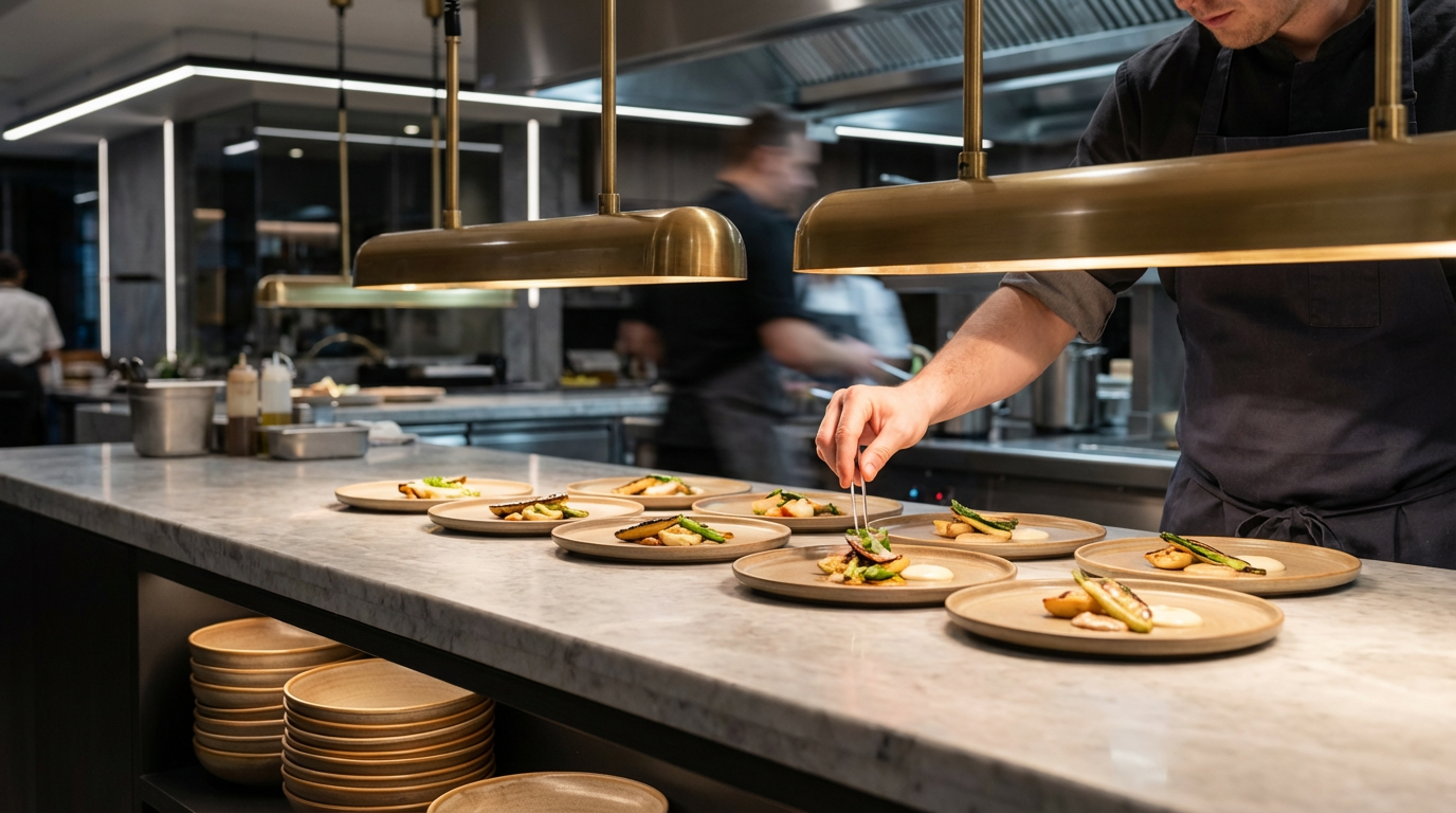 A chef carefully garnishes dishes in a professional kitchen with a modern design and industrial lighting.