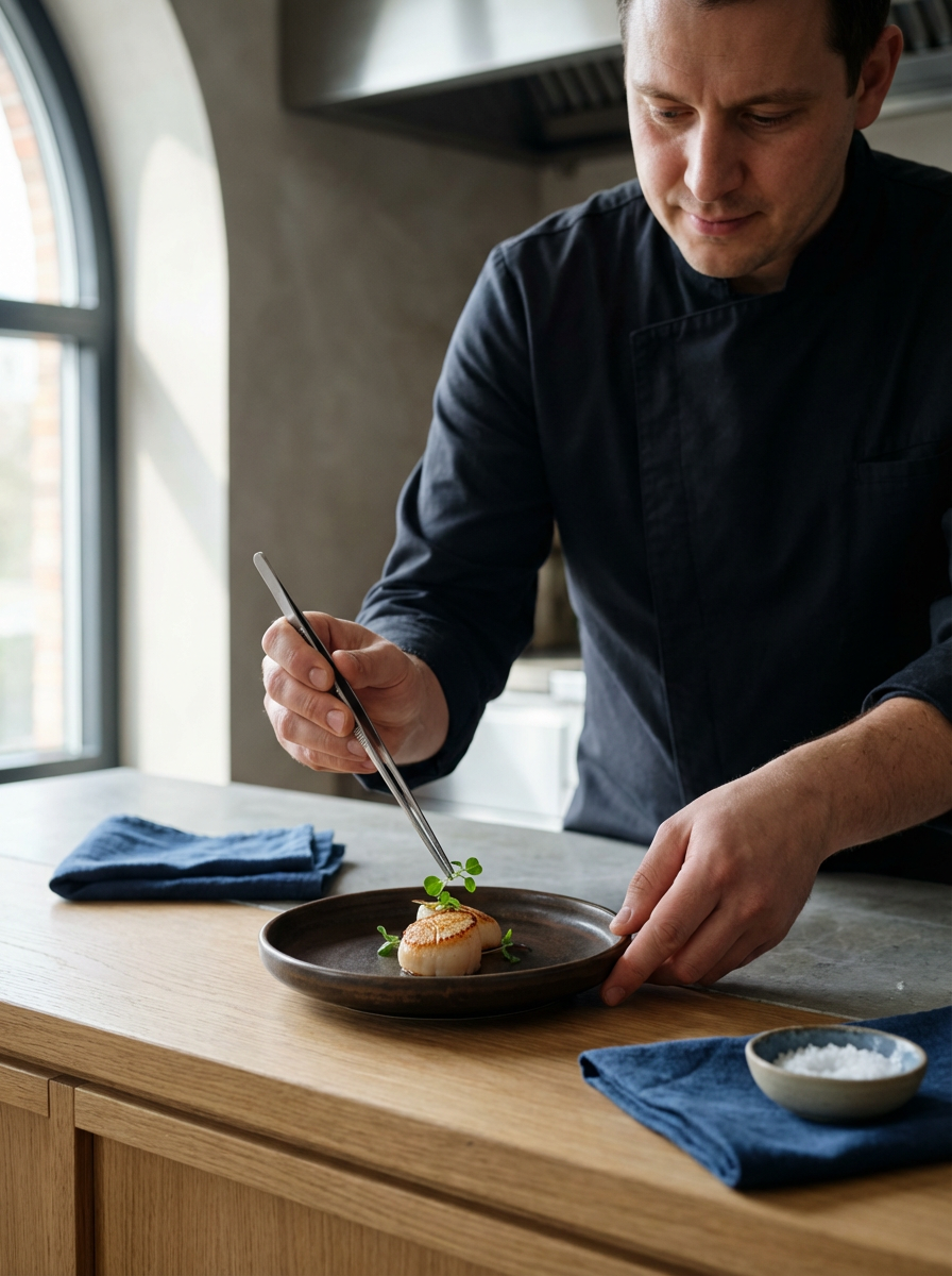 A chef in a black uniform uses tweezers to delicately garnish a seared scallop with microgreens on a dark plate, with blue cloth napkins and a small dish of salt on a wooden counter in a modern kitchen.