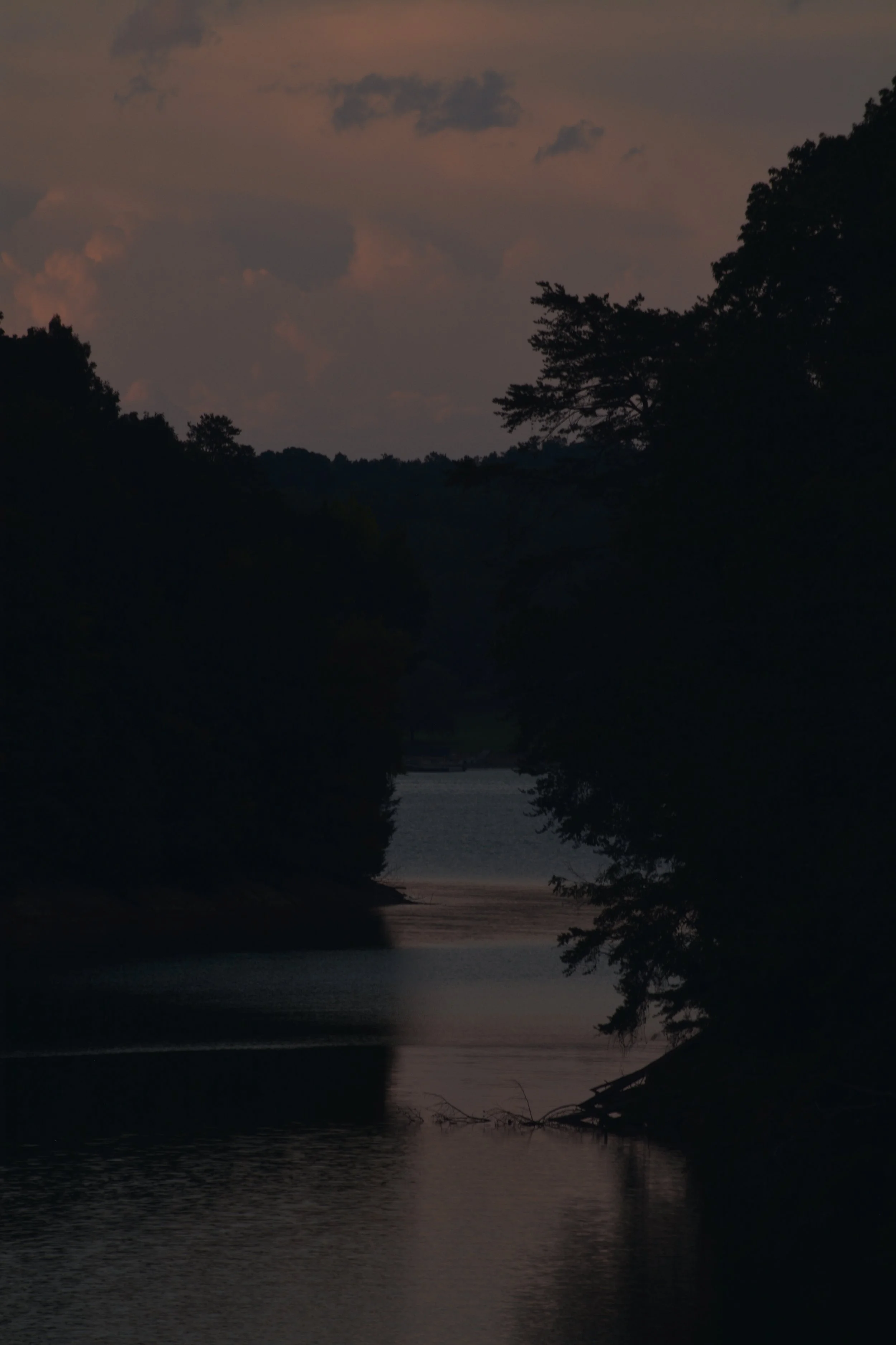 A dark river flowing between hills covered with trees, with a cloudy sky above during dusk or dawn.
