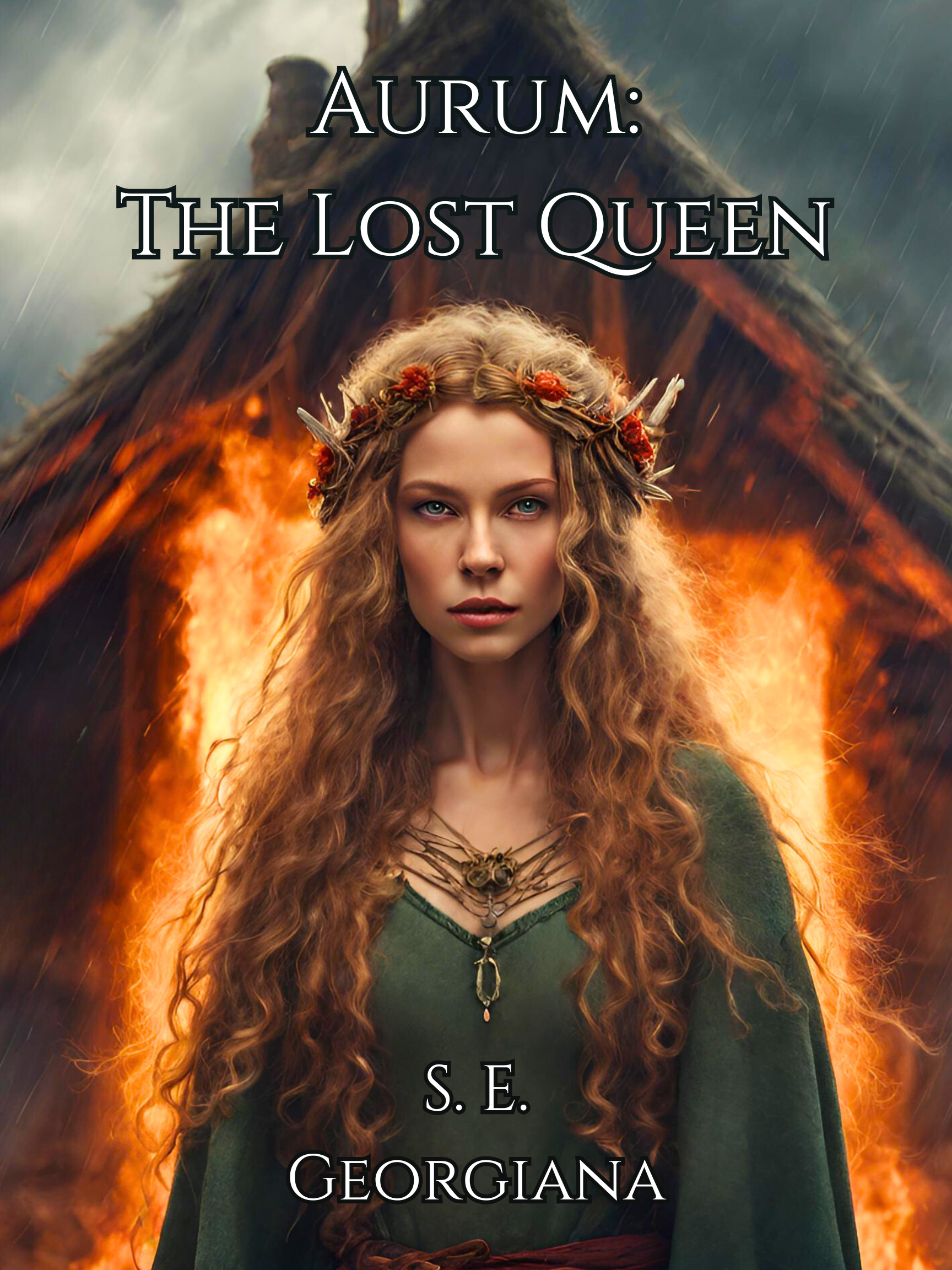A woman dressed as a fantasy character with long red hair, wearing a green dress and a crown of flowers and feathers, standing in front of a burning wooden structure during rain, with the title overlay 'Aurum: The Lost Queen,' and the author's name 'S. E. Georgiana'