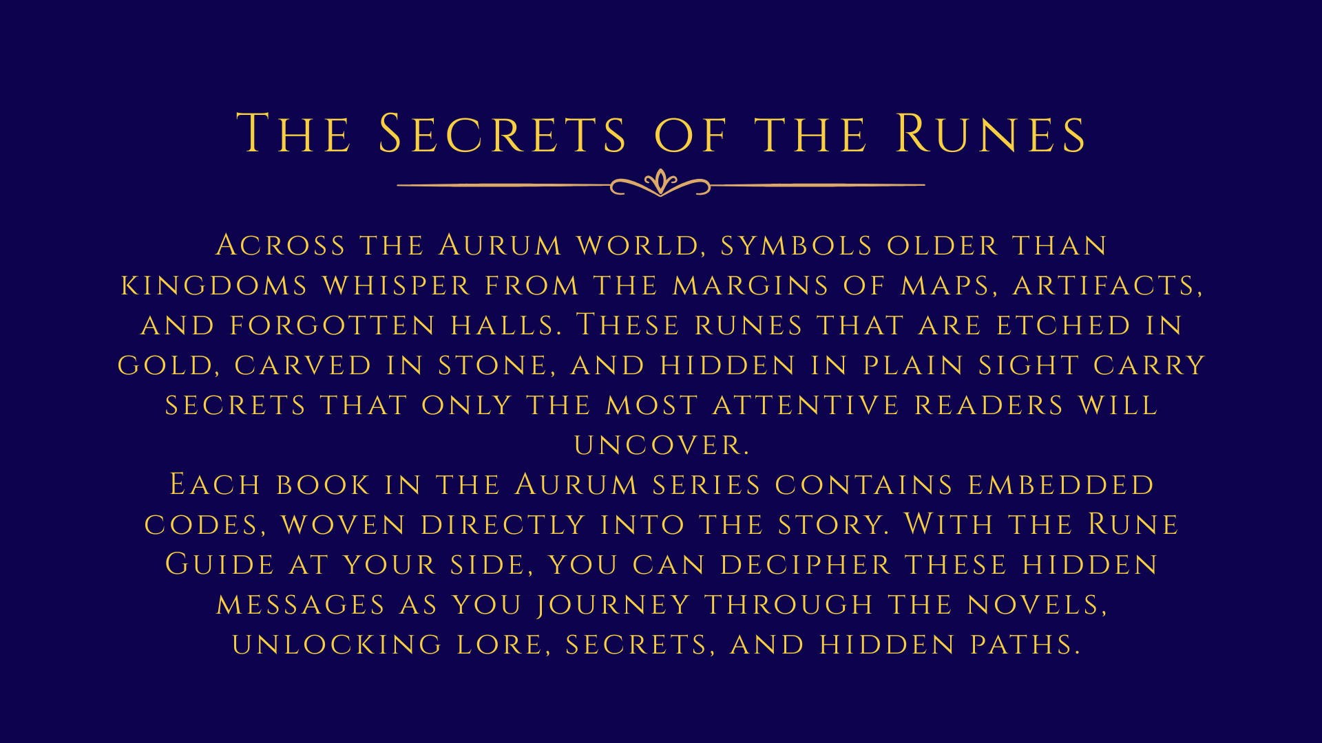 Introduction page for The Secrets of the Runes within the book series, featuring a dark blue background with gold text describing the hidden power of runes found in the Aurum world.