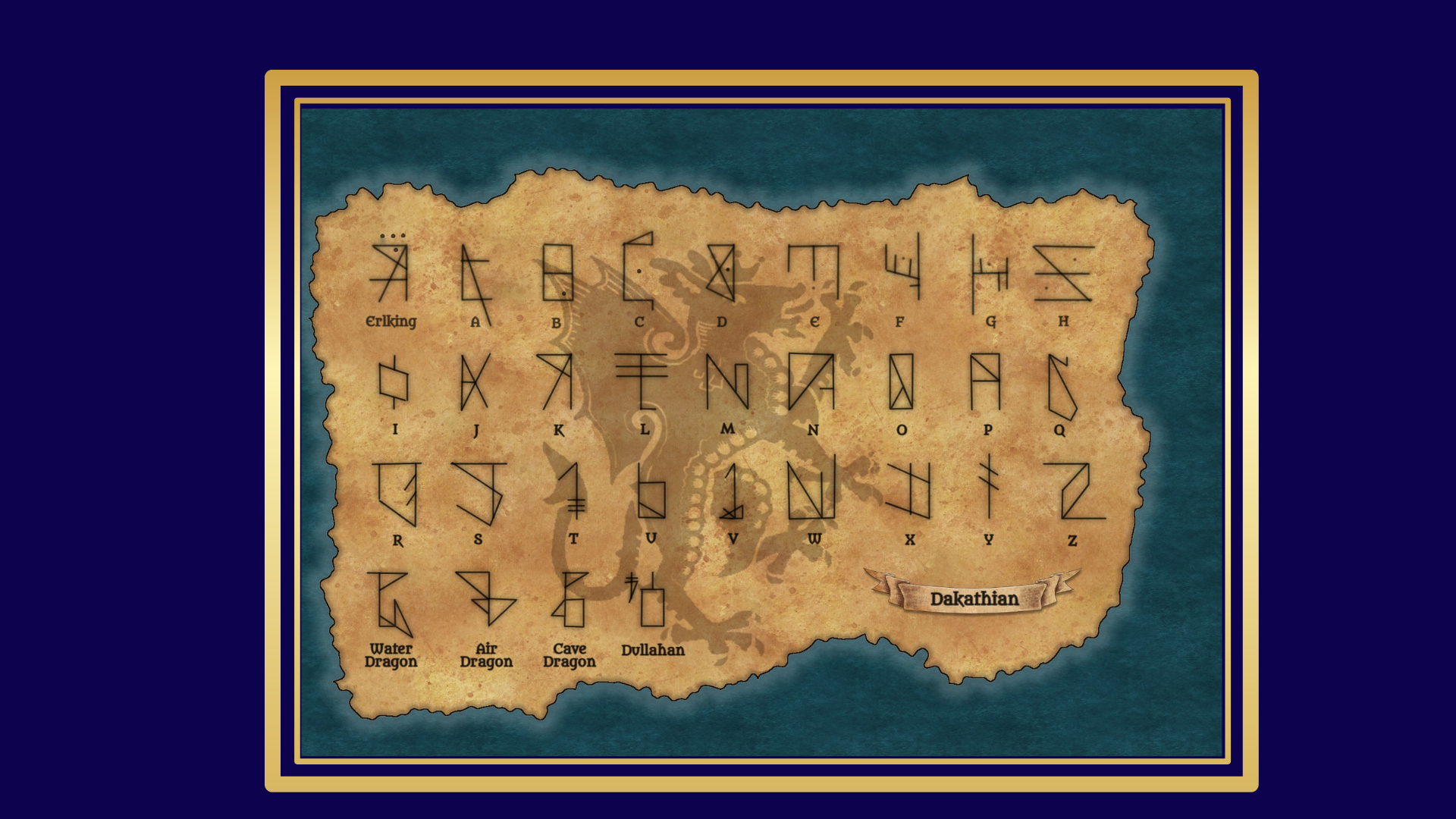 A map with a blue background, featuring symbols for different elements and creatures, including Erling, Water Dragon, Air Dragon, Cave Dragon, and Dullahan. The symbols are arranged in rows with letters and descriptions below.