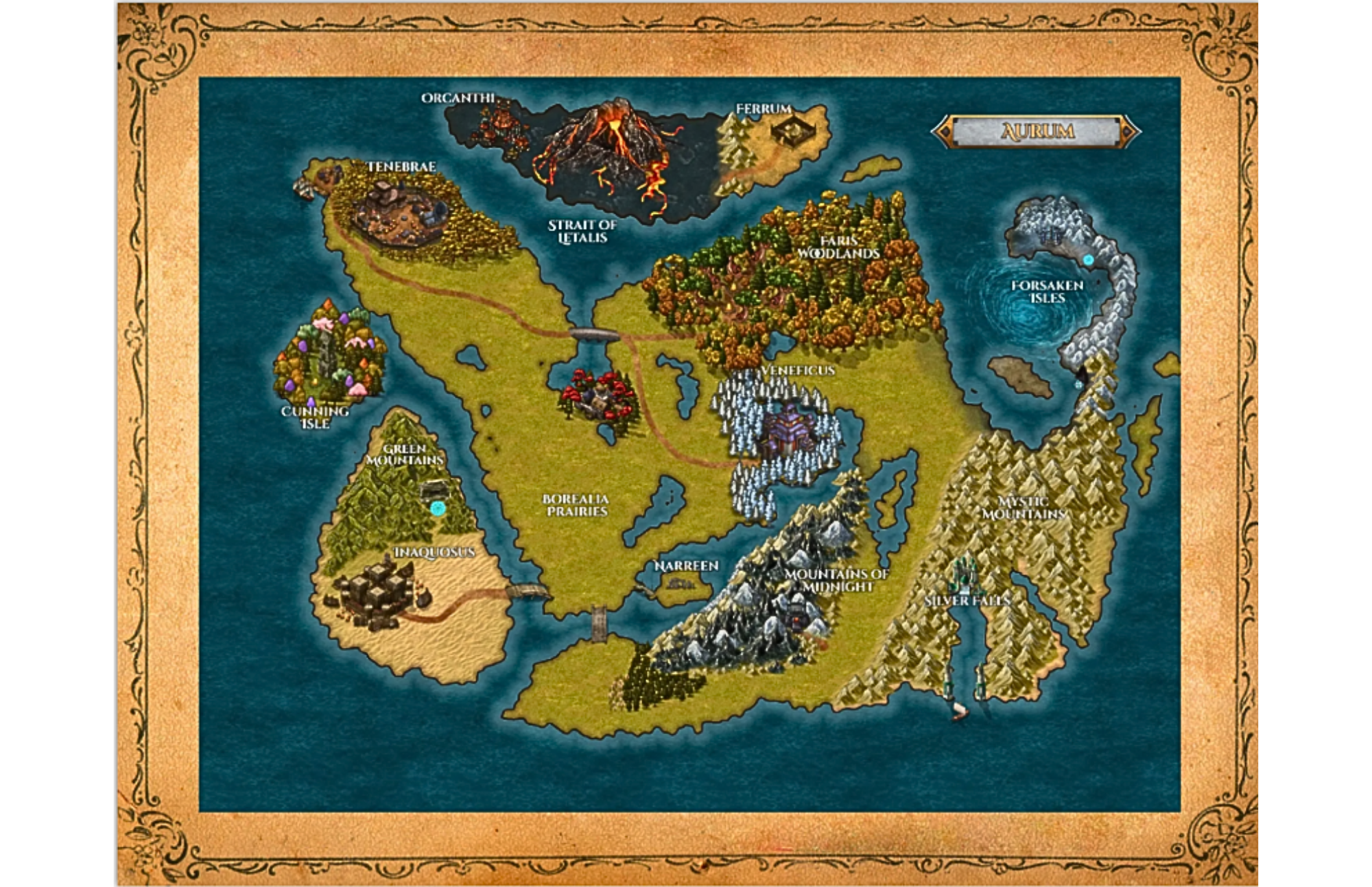 A fantasy map of a fictional land with regions such as Tenebrae, Silver Falls, Cunning Isle, Green Mountains, and Mountains of Midnight, featuring mountains, forests, lakes, and volcanoes.