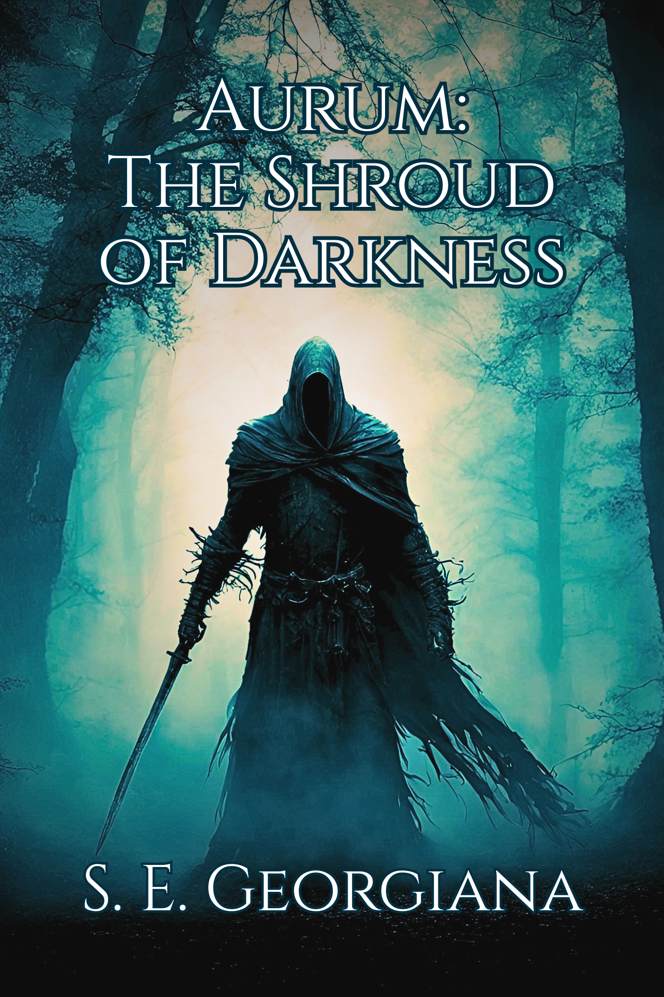 A dark armored figure with a hood and mask, holding a sword, standing in a foggy forest with tall trees and mist.