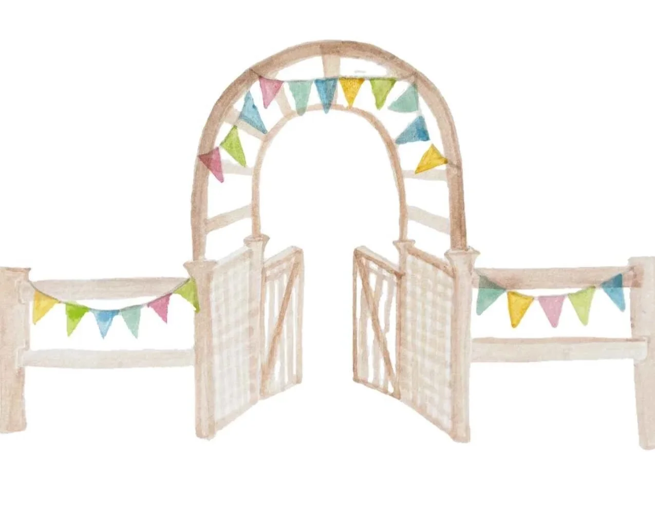 A watercolor illustration of a decorative wooden gate with a colorful pennant flag banner flags in pink, blue, yellow, and green.