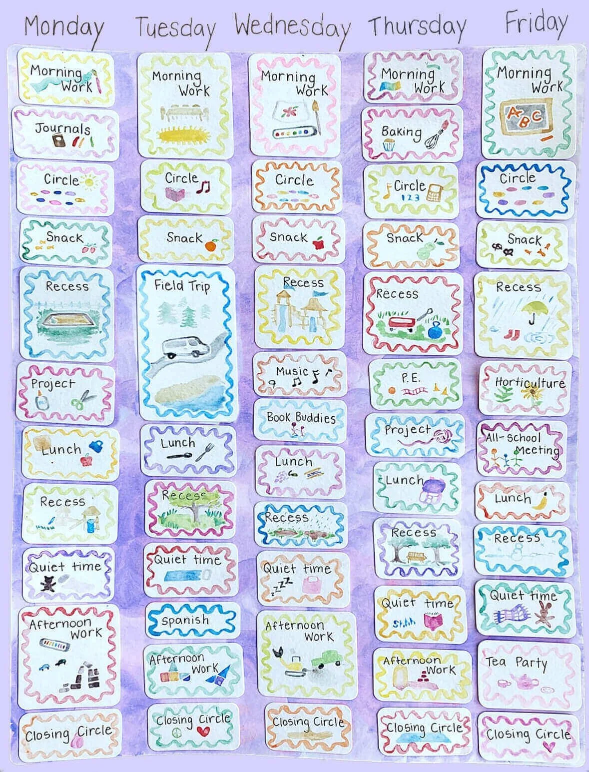 A Nantucket Lighthouse School Small School Weekly classroom schedule with colorful hand-drawn icons, organized by days from Monday to Friday, including activities like work, recess, lunch, project, quiet time, and closing circle.