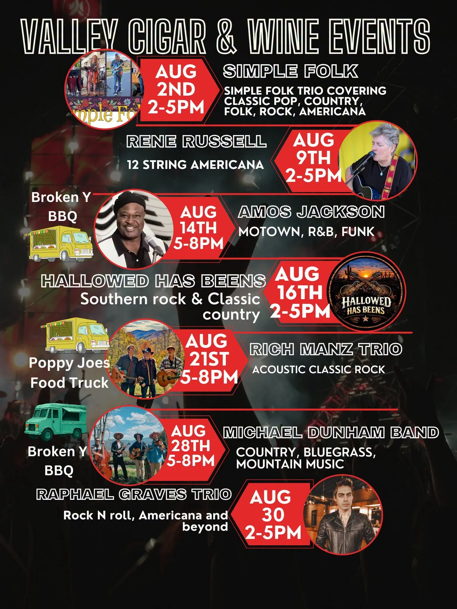 Schedule of Valley Cigar & Wine Events with dates, times, and performer images, including Simple Folk, Rene Russell, Amos Jackson, Poppy Joes Food Truck, Michael Dunham Band, and Raphael Graves Trio.