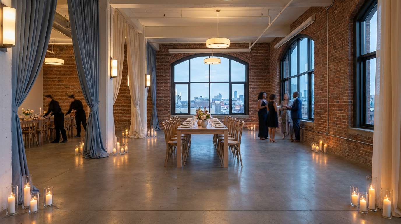A spacious room with large windows, a long dining table with chairs, floral centerpiece, candles along the floor, and a few people socializing.