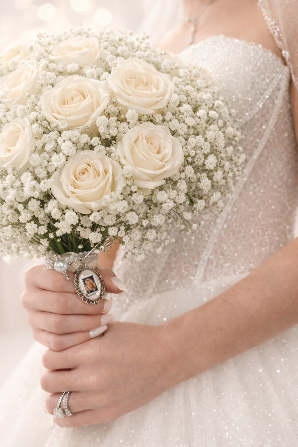 A bride holding a bouquet of white roses and baby's breath, wearing a beaded wedding gown and jewelry, with wedding rings visible on her fingers.