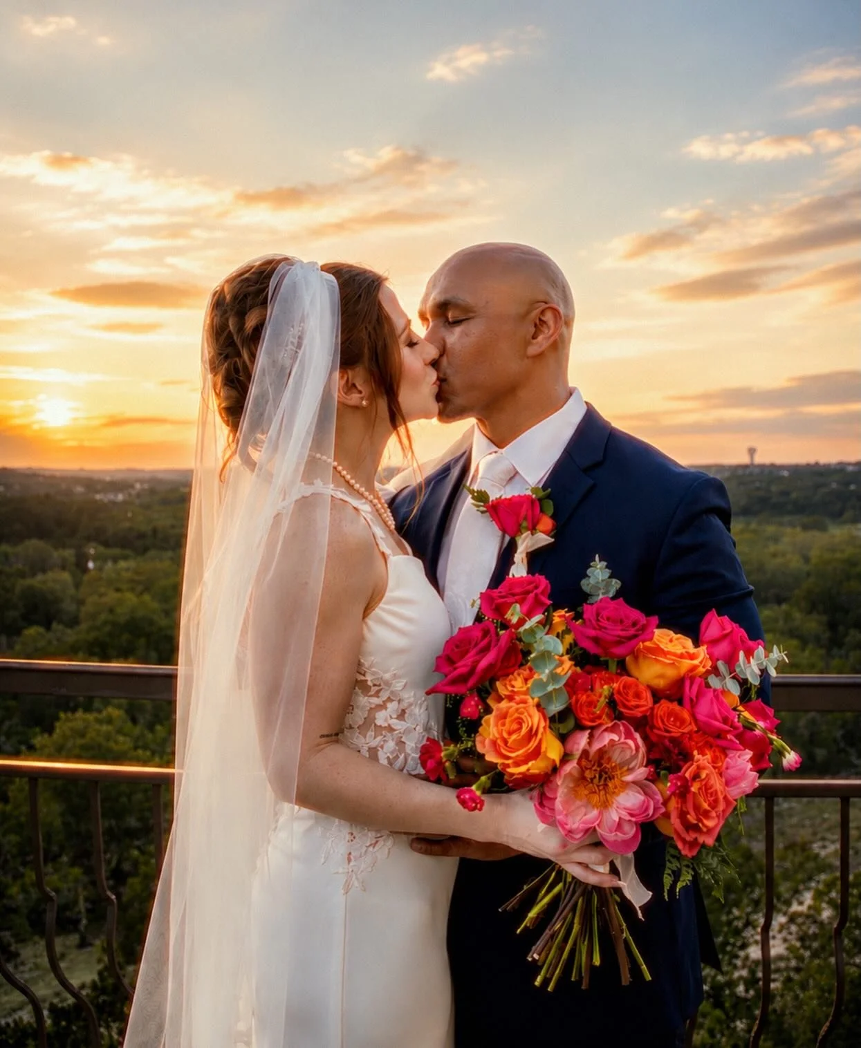 A bride and groom kissing on a balcony at sunset, with the bride holding a large bouquet of pink, orange, and red flowers.