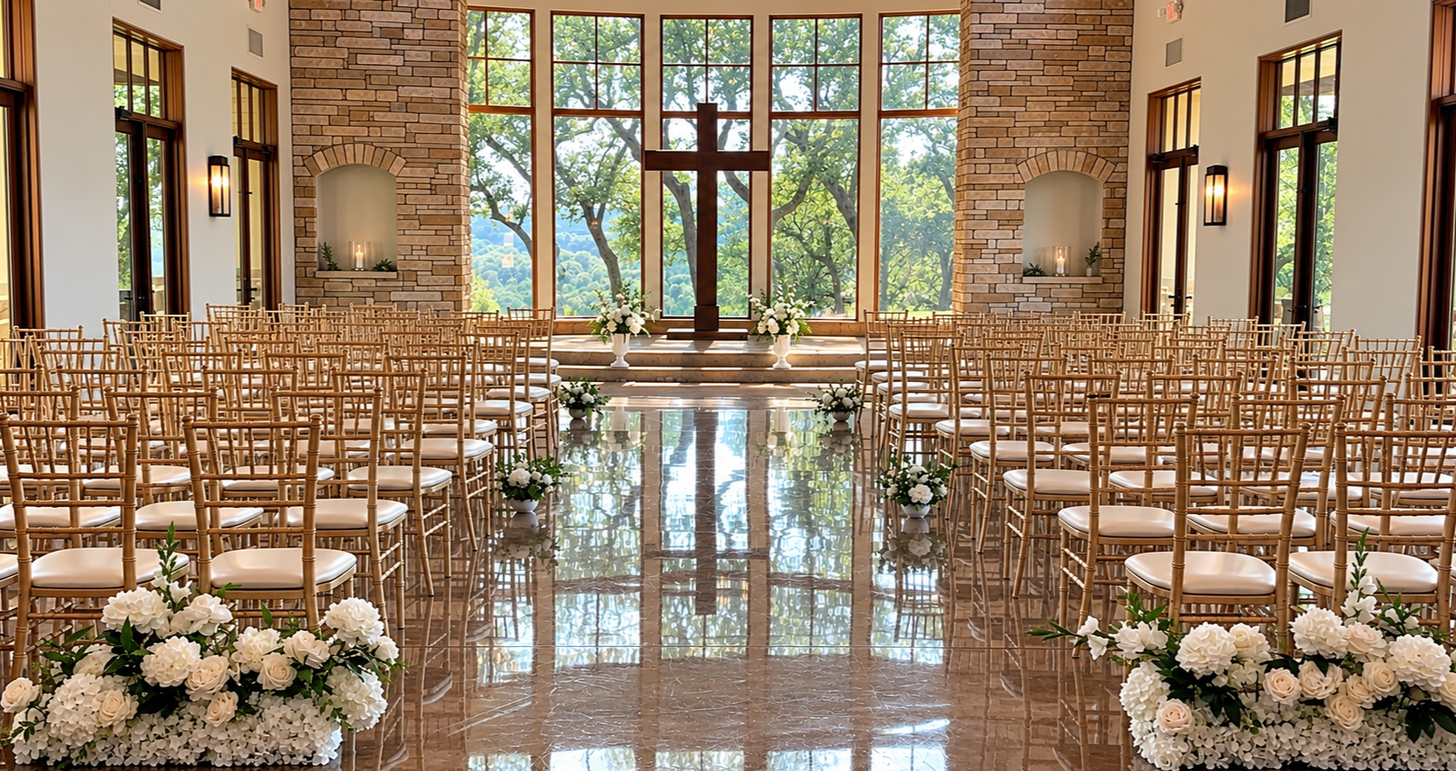 Interior of a chapel decorated for a wedding ceremony with rows of gold chairs, floral arrangements, a large wooden cross on the back wall, and large windows allowing natural light to fill the space.