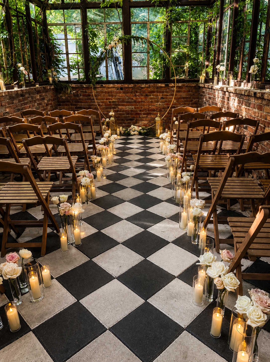 Indoor wedding ceremony setup with wooden chairs, floral decorations, candles, and a heart-shaped arch in a greenhouse-like space with large windows and greenery.