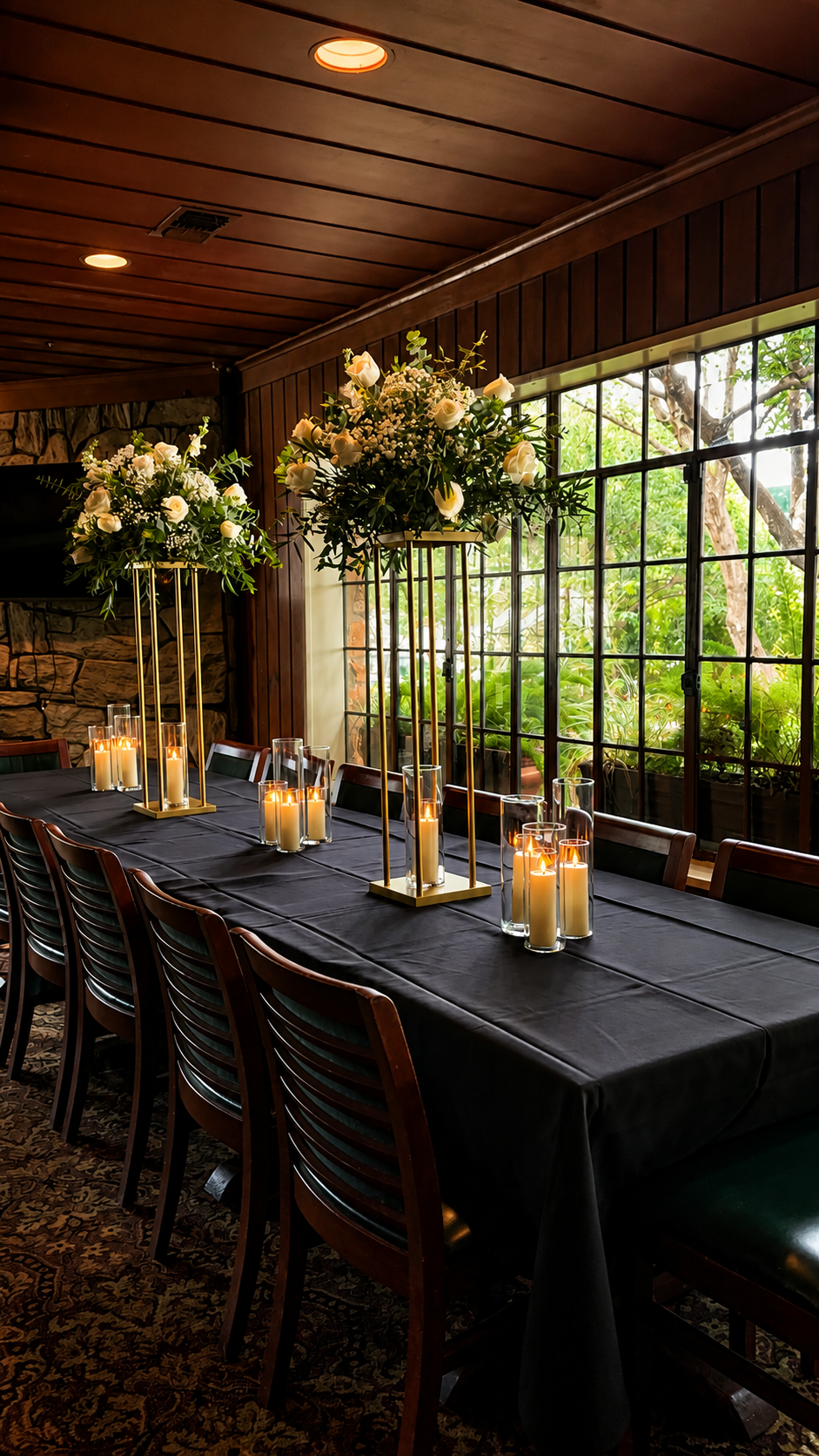 A long dining table decorated with floral centerpieces and candles, set inside a room with wood-paneled ceiling and large window showing greenery outside.