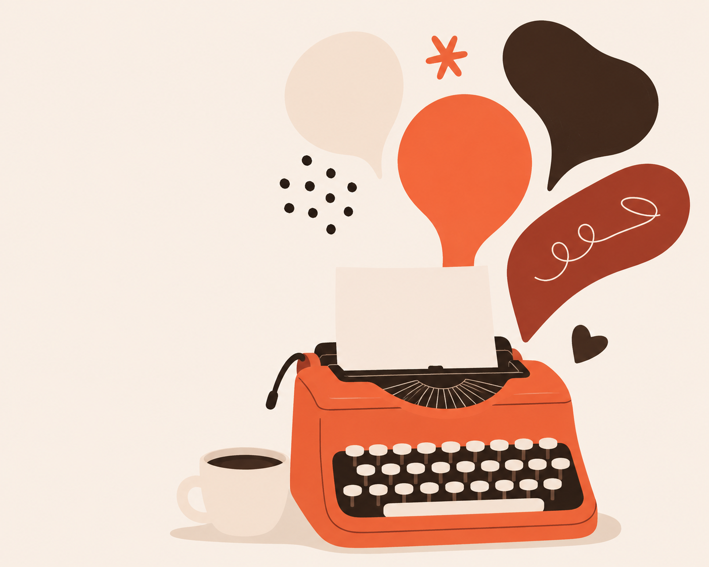 A modern illustration of an orange typewriter with white keys and black details, with a cup of coffee next to it. Colorful abstract shapes and a black heart are emerging from the typewriter, set against a light background.