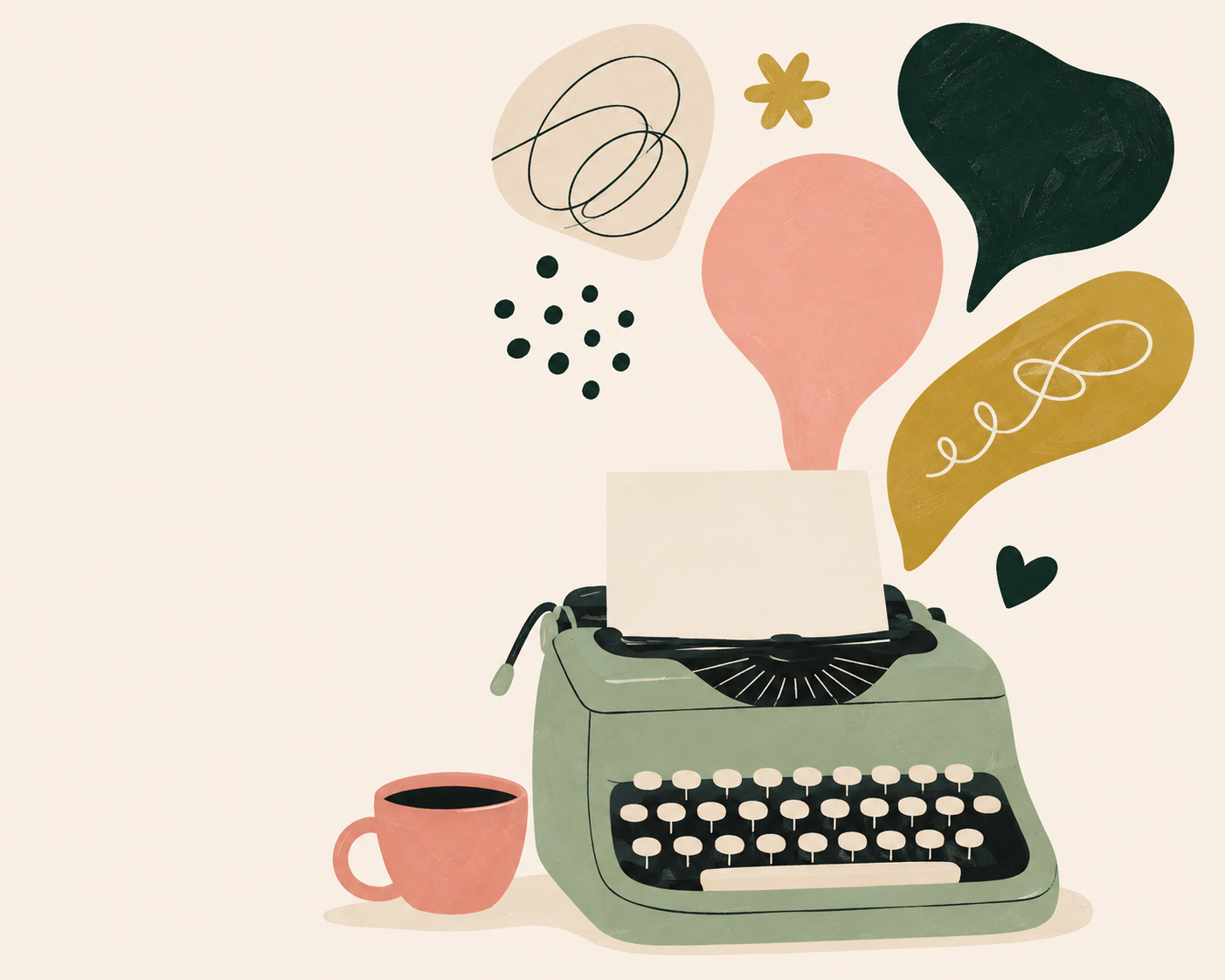 Illustration of a vintage typewriter with a pink mug of coffee and colorful abstract speech bubbles and doodles replacing paper coming out of the typewriter.