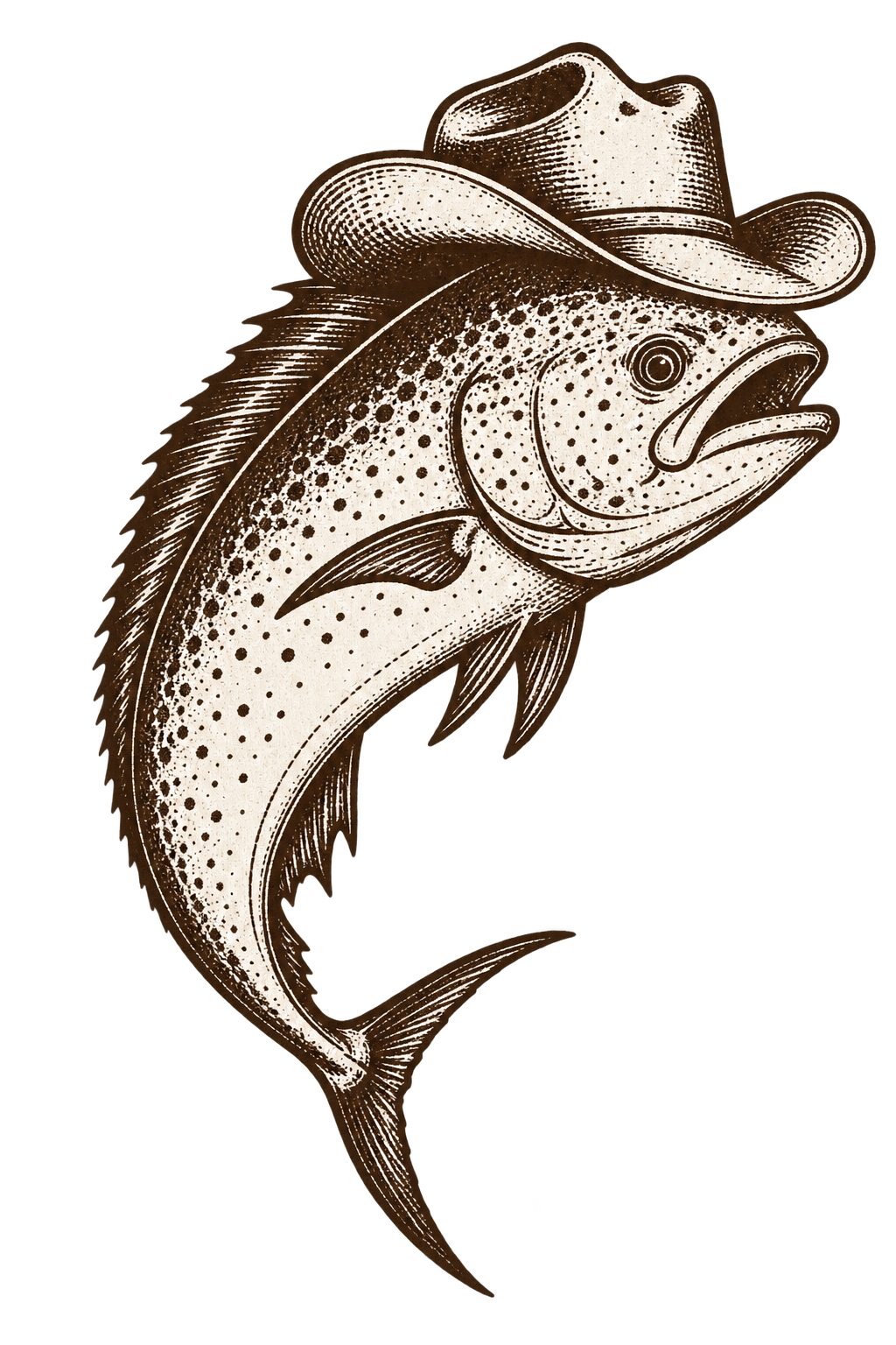 Vintage illustration of a trout wearing a cowboy hat.