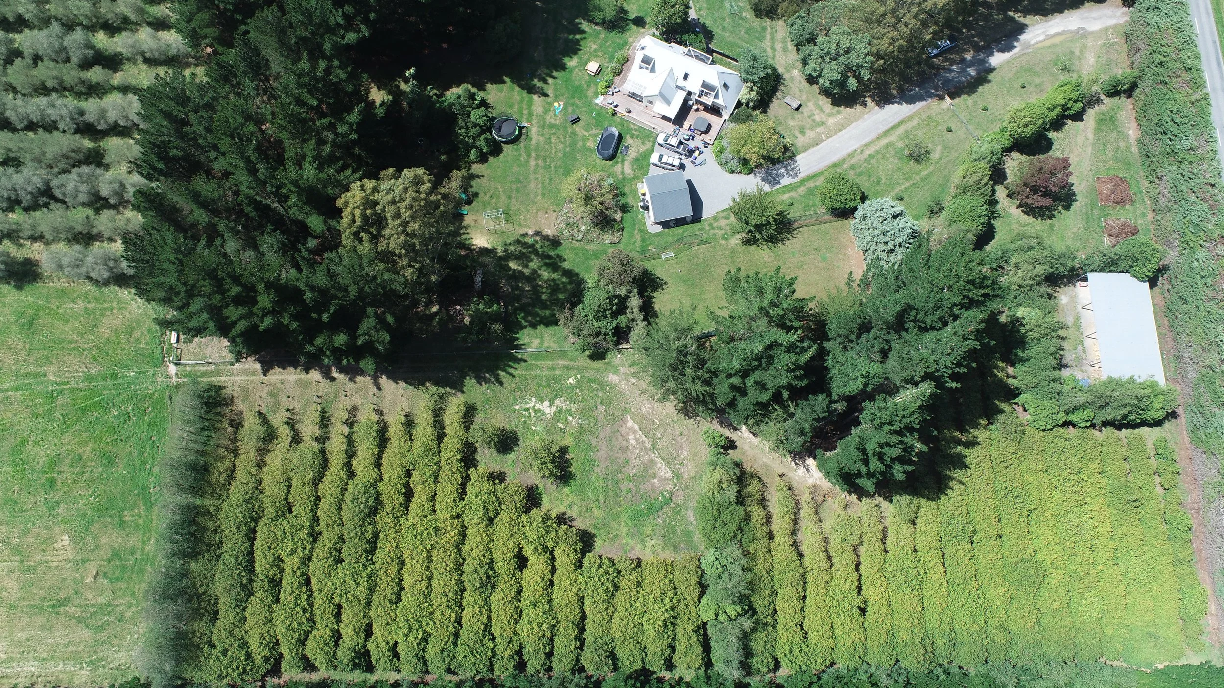 An aerial view of a house surrounded by trees, a driveway with parked cars, and a well-maintained lawn with gardens and a vegetable patch.
