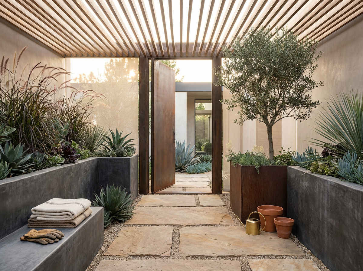 Interior view of a modern indoor garden with concrete planters filled with various succulents and plants, a wooden ceiling with evenly spaced slats, an open metal door leading outside, and some gardening tools and towels placed on a concrete bench.