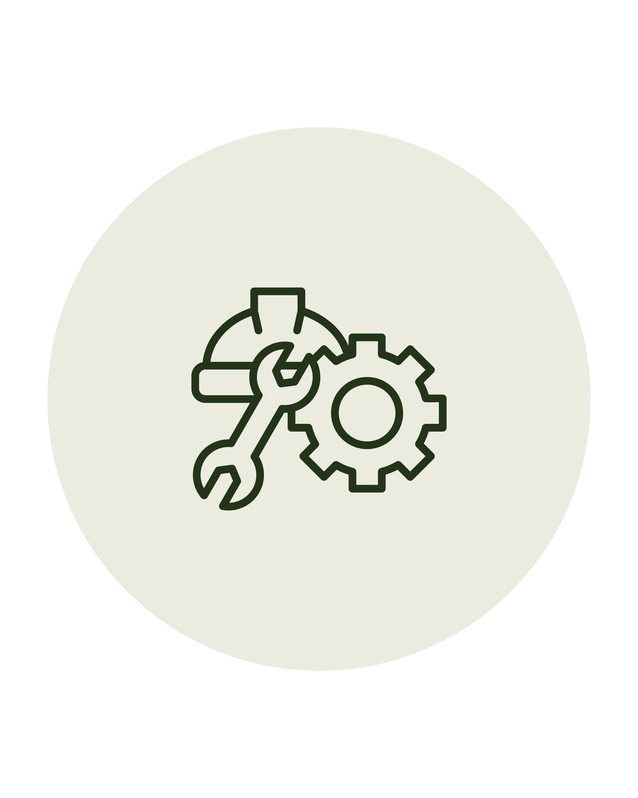 Line drawing of gears and tools on a circular background with a light gray fill.