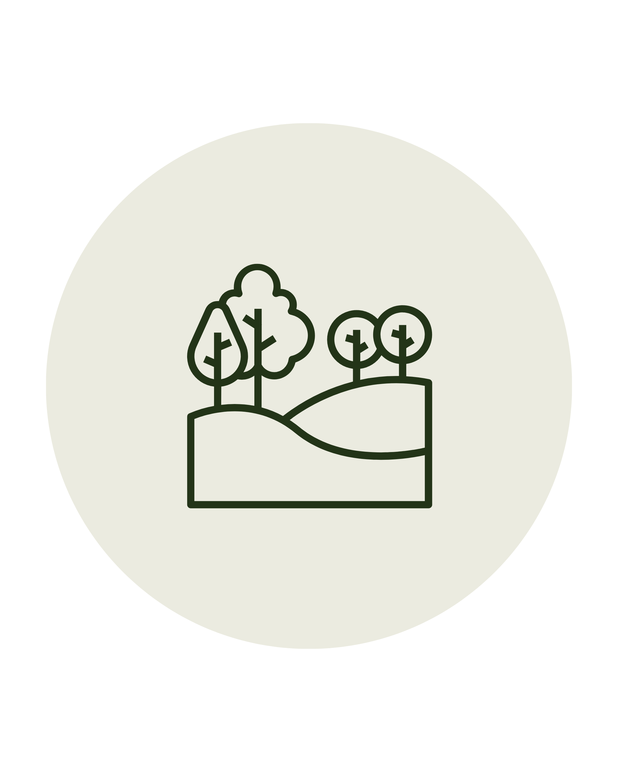 Line drawing of trees in a landscape within a circle