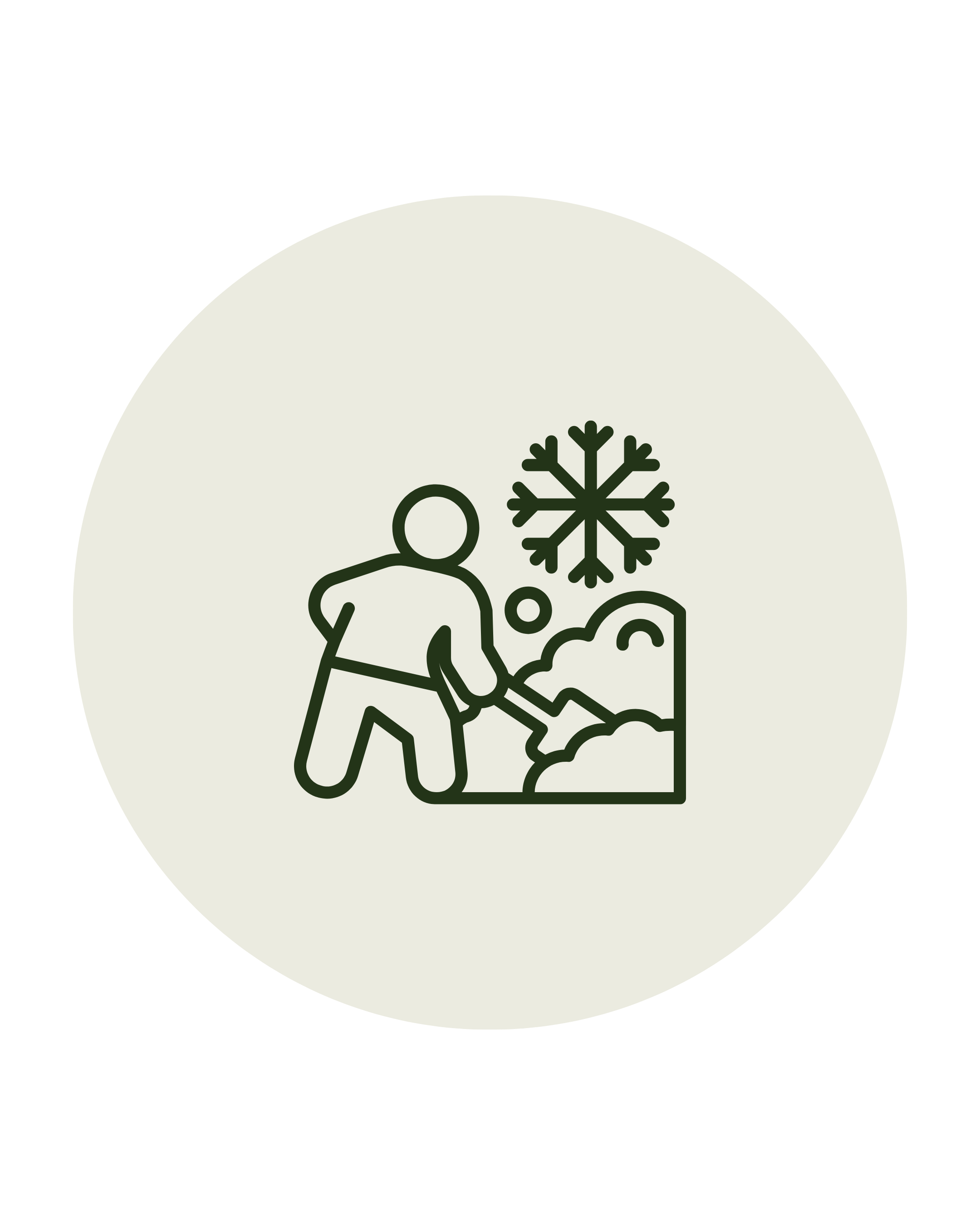 Line drawing of a person standing next to a large snowflake, with trees and snow on the ground.