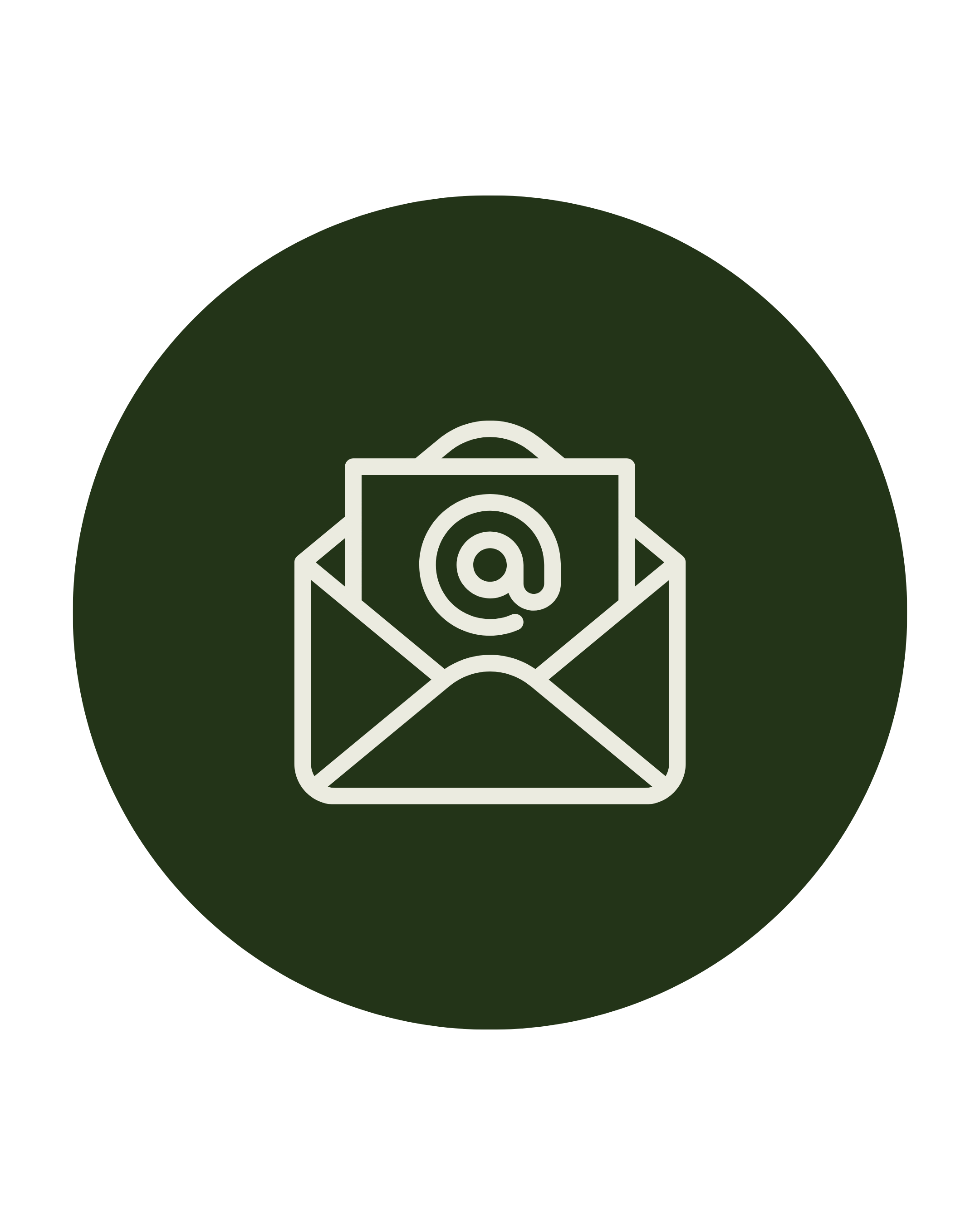Outline of a mail envelope with an at symbol inside, symbolizing email communication, placed in front of a dark green circle background.