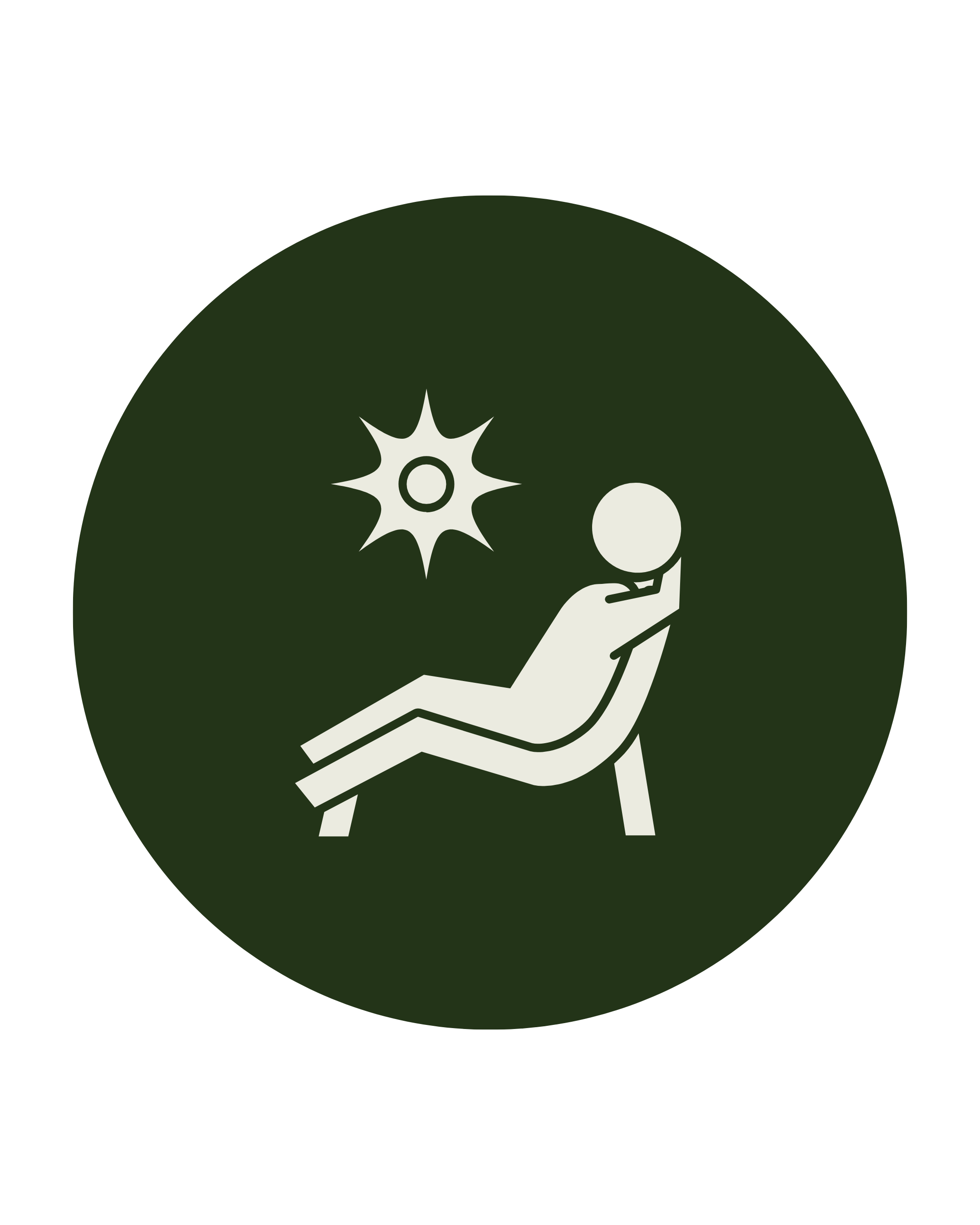 Illustration of a person sitting on a chair with a laptop, surrounded by science-related icons such as a molecule, a starburst, and a circle, all within a circular green background.