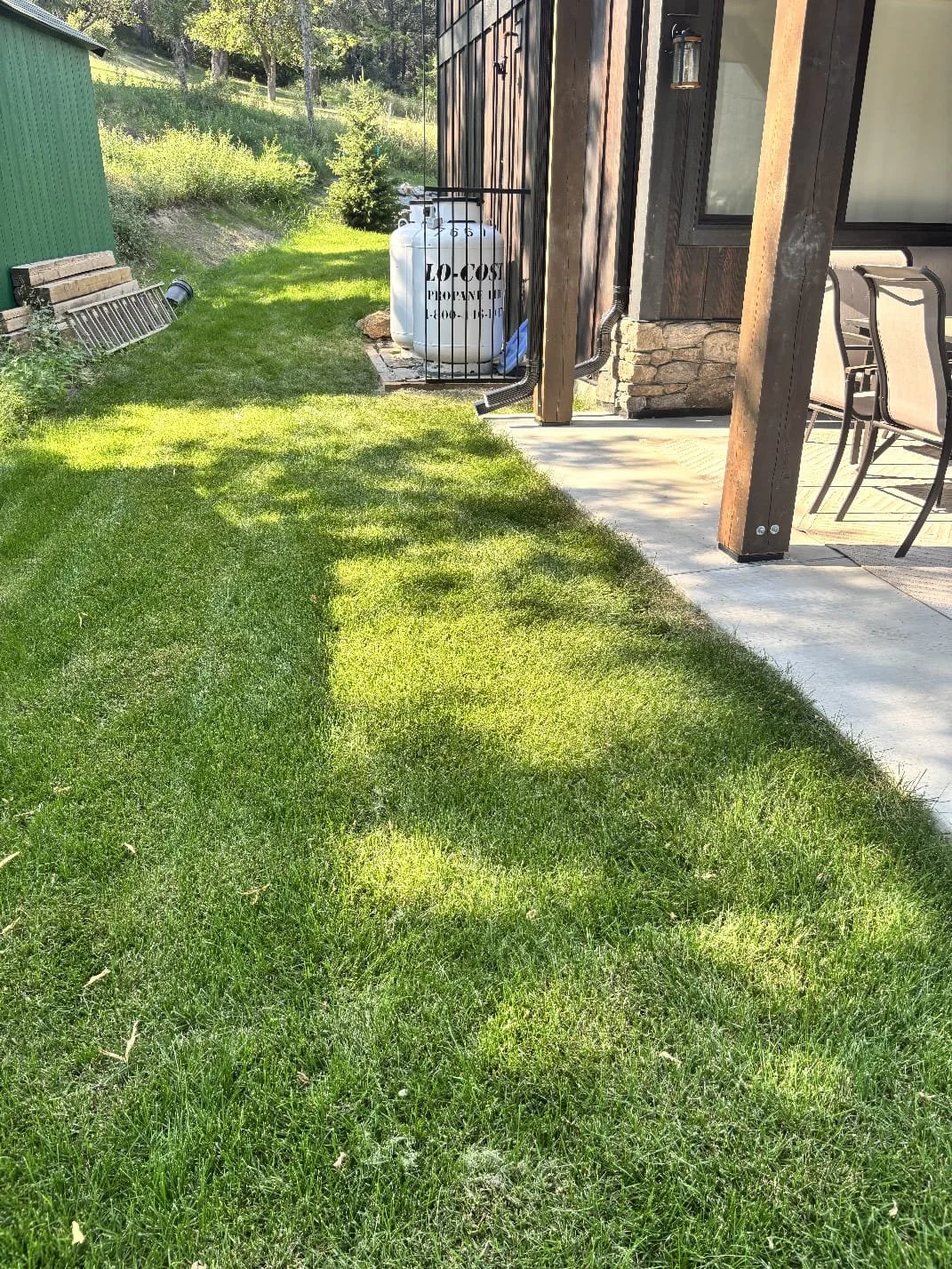 A backyard with a manicured lawn, a concrete patio with outdoor chairs, a wooden house with propane tanks, and a green shed in the background.