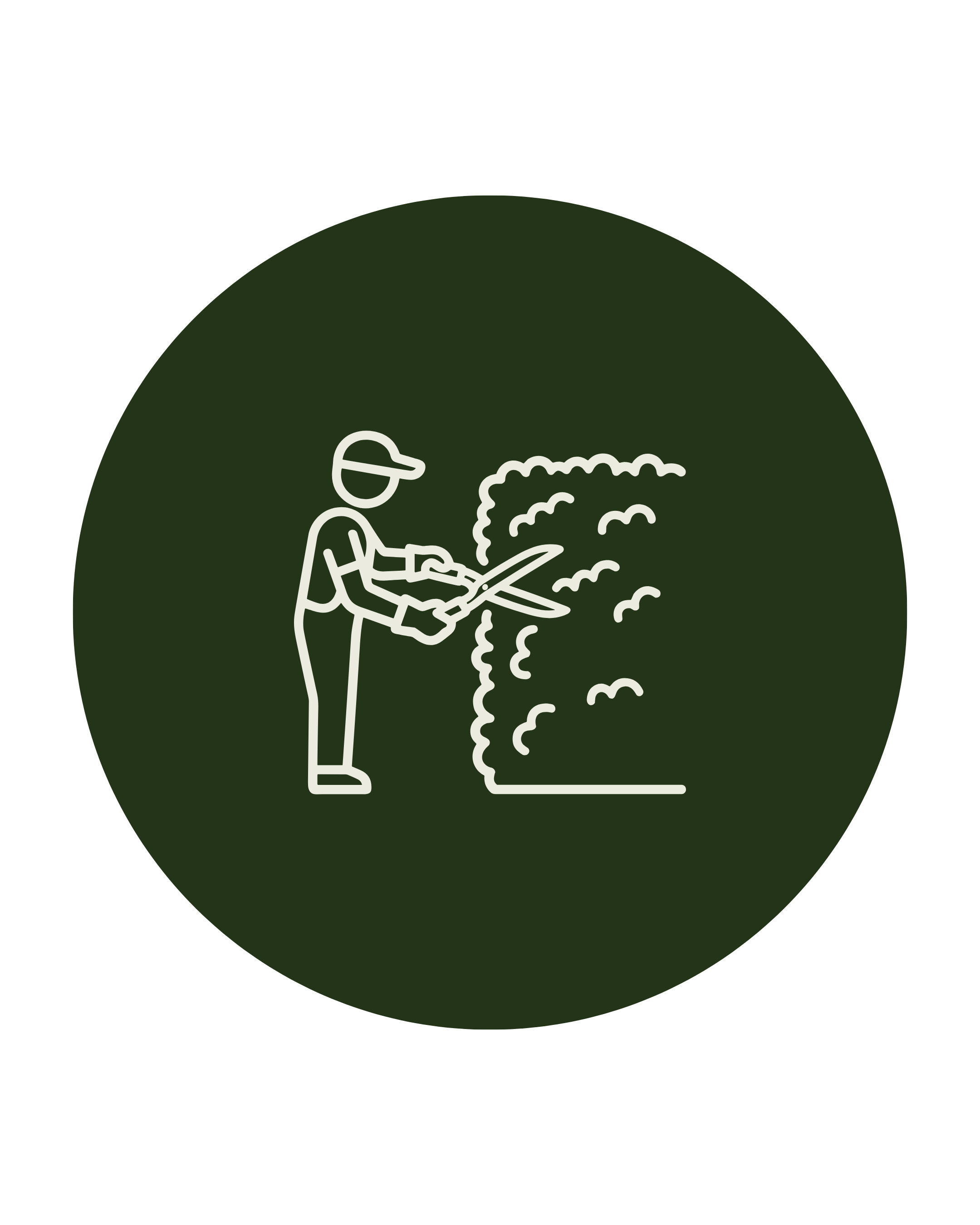 Line drawing of a person trimming hedges, holding a chainsaw, with plants and foliage around.