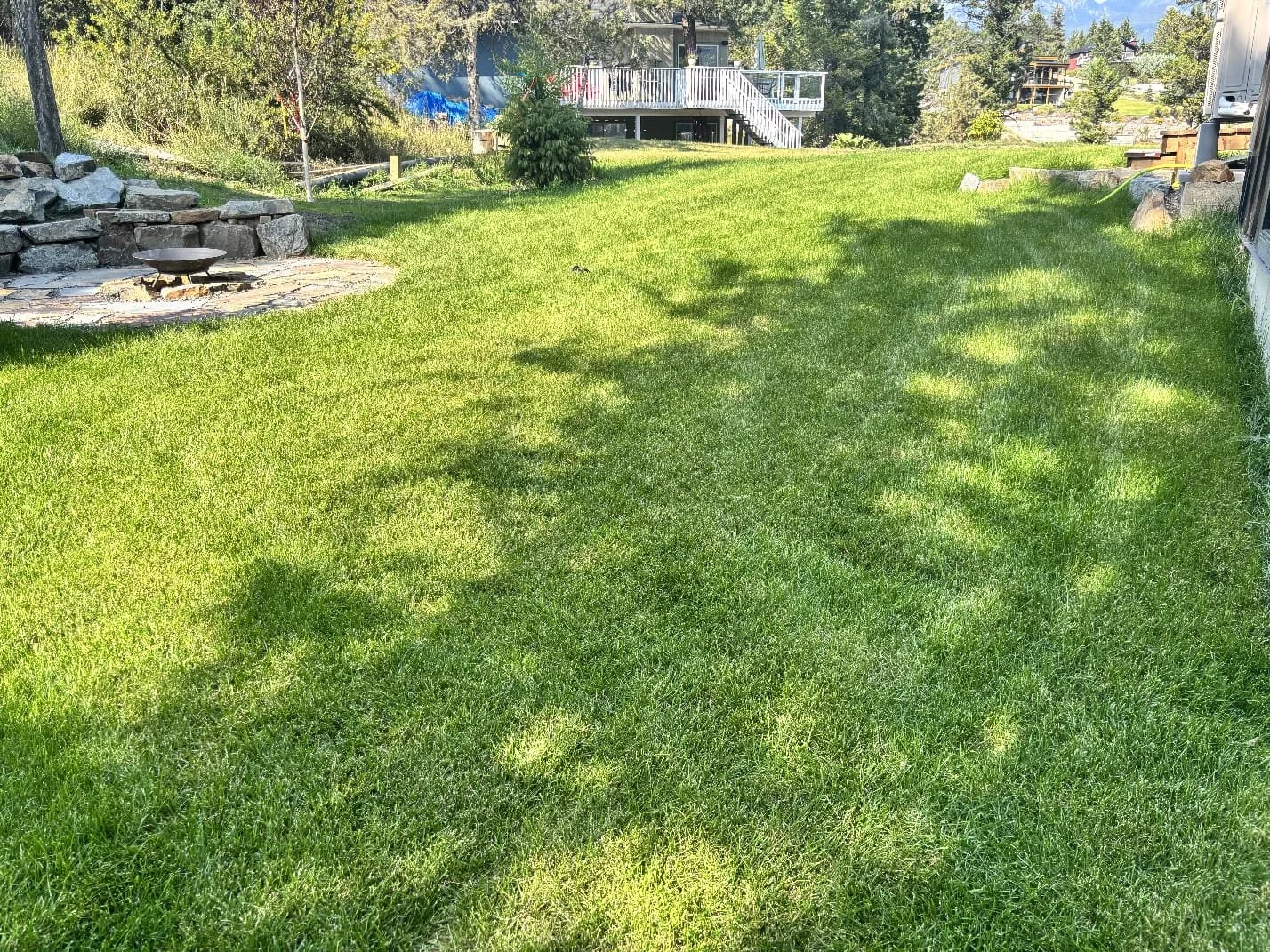Green backyard with freshly mowed grass, a stone fire pit on the left, and a house with a deck and stairs in the background.