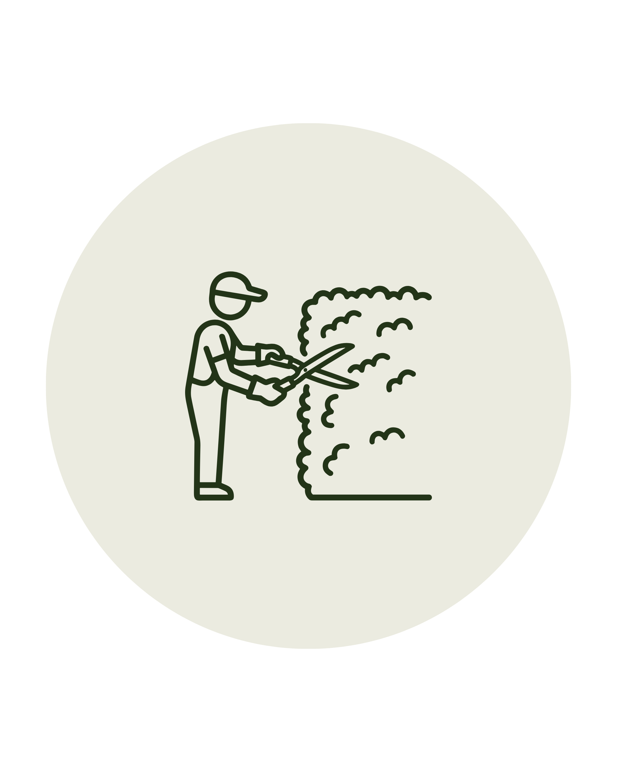Line drawing of a person trimming hedges, holding a chainsaw, with plants and foliage around.