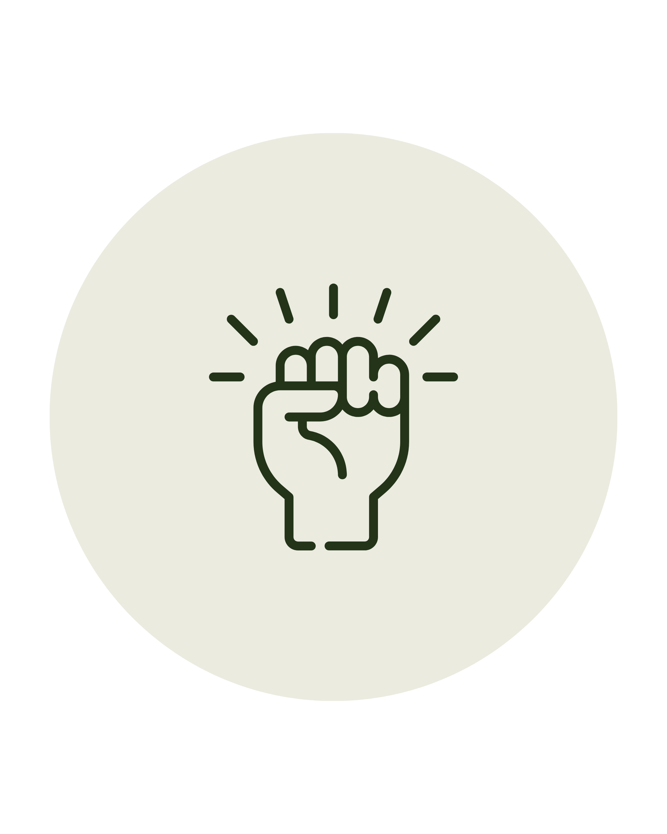 A minimalist illustration of a raised fist with rays emanating from it, inside a circle.