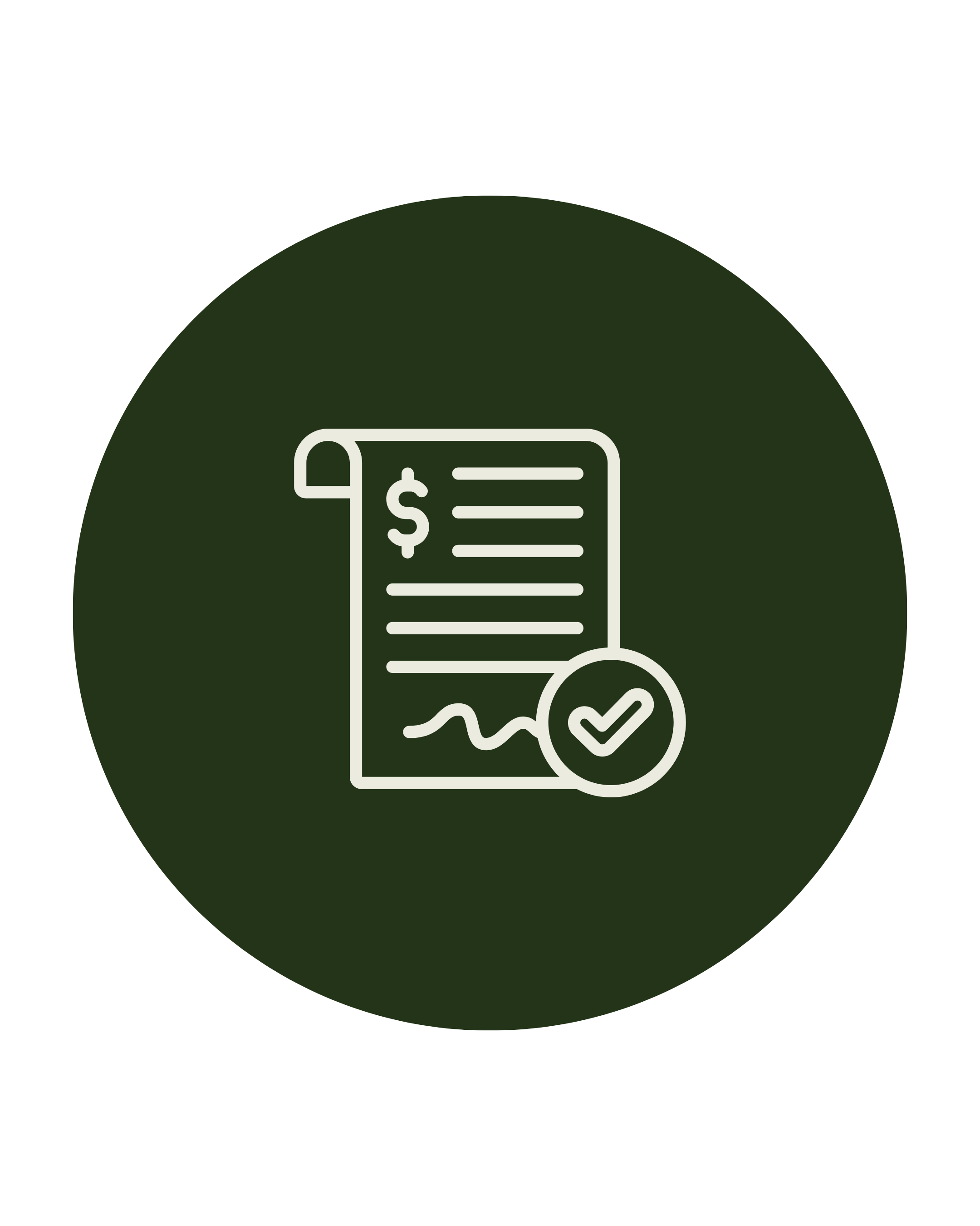 Line art icon of a document with a dollar sign and a check mark.