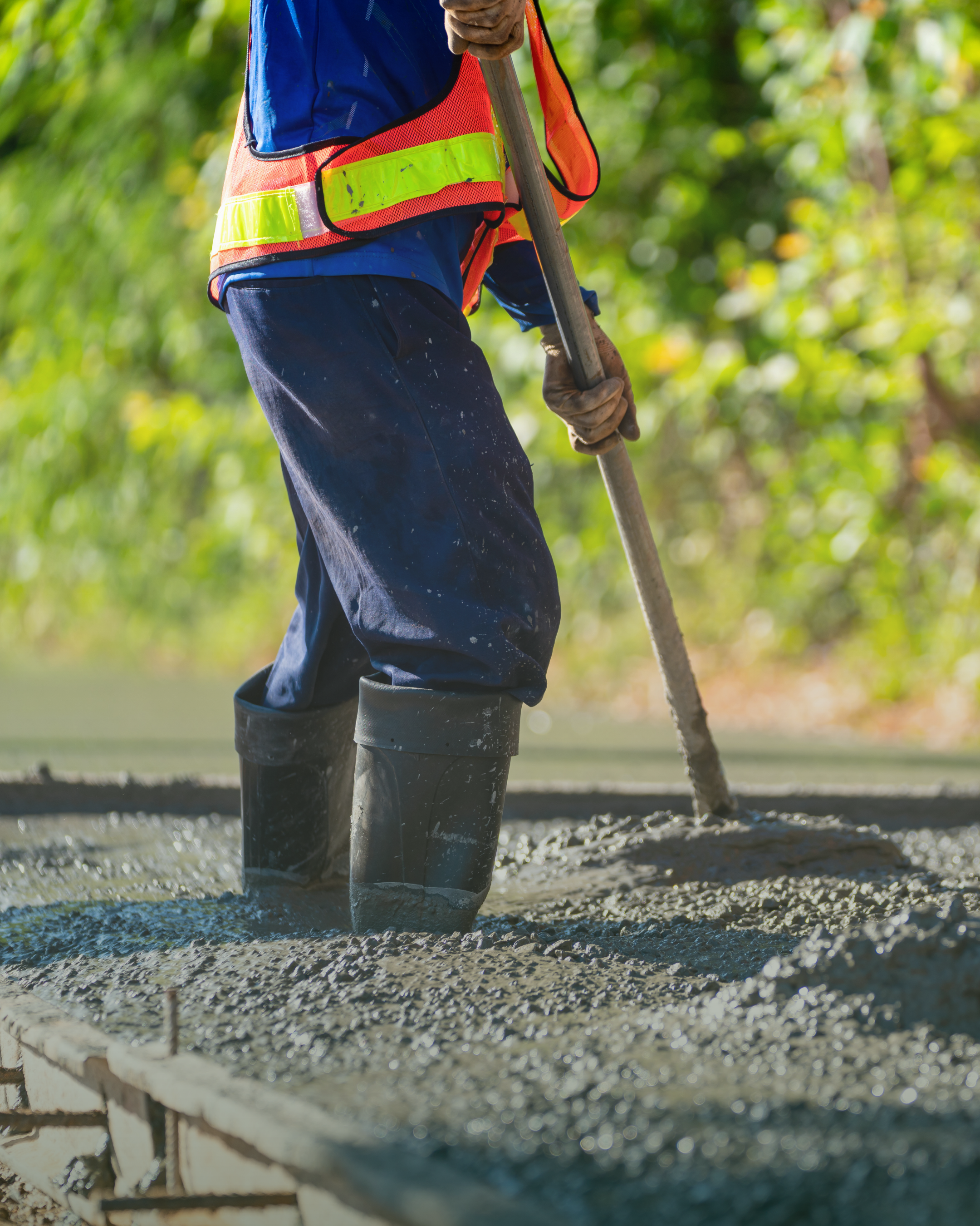 Worker spreading wet concrete with a tool while wearing waterproof boots, gloves, and a safety vest outdoors.