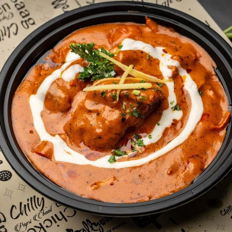 Indian chicken curry with creamy tomato sauce, garnished with cilantro, ginger, and a swirl of yogurt in a black bowl.