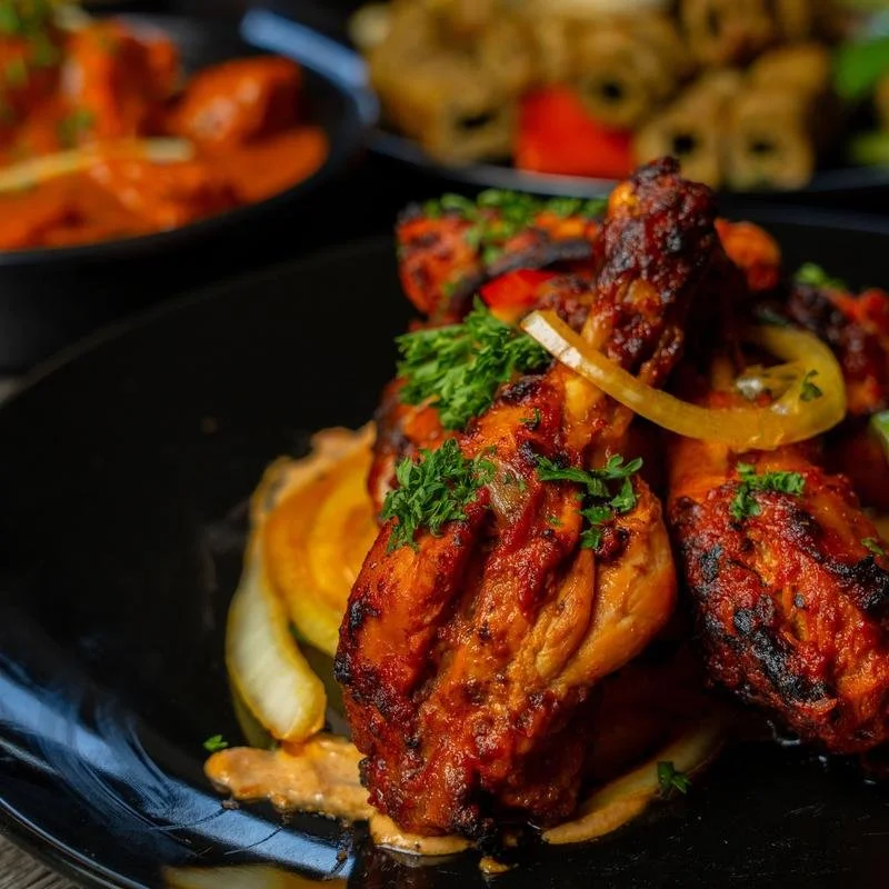 Close-up of spicy baked chicken drumsticks garnished with parsley, served with sliced onions on a black plate.