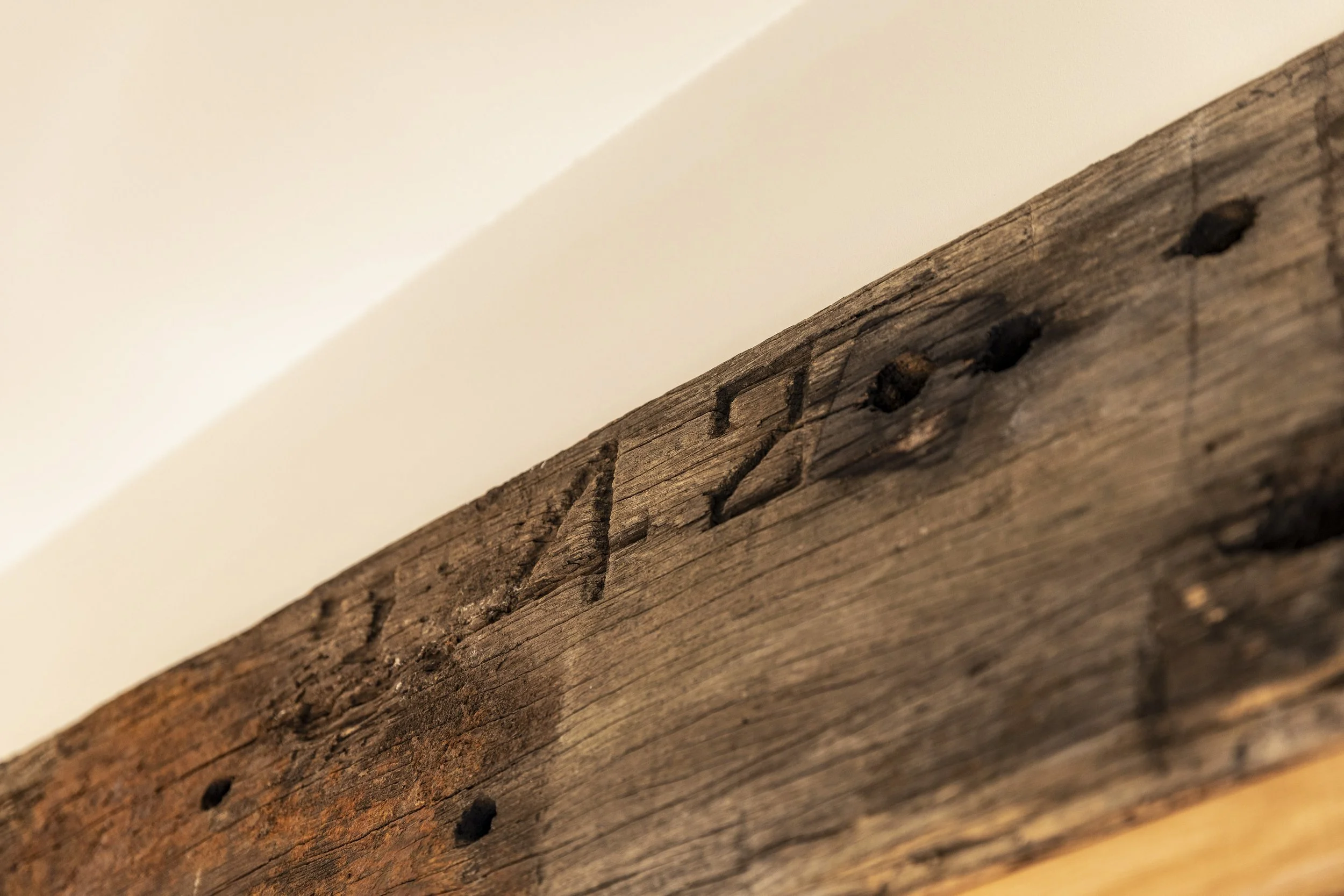 Close-up of a weathered wooden plank with visible grain and nails, against a plain light-colored background.