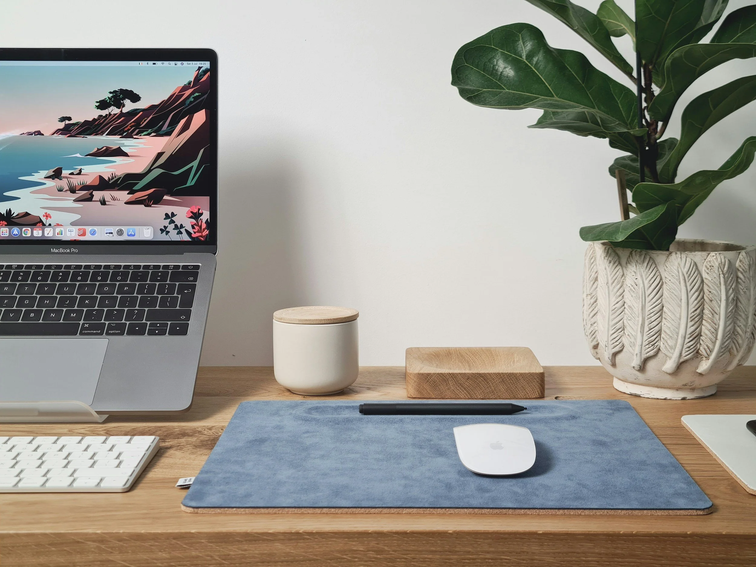 A workspace with a wooden desk holding a MacBook Pro, an Apple Magic Mouse, a black pen, a keyboard, a small round beige container with a lid, a blue desk mat, a large potted plant with green leaves, and a small wooden block.