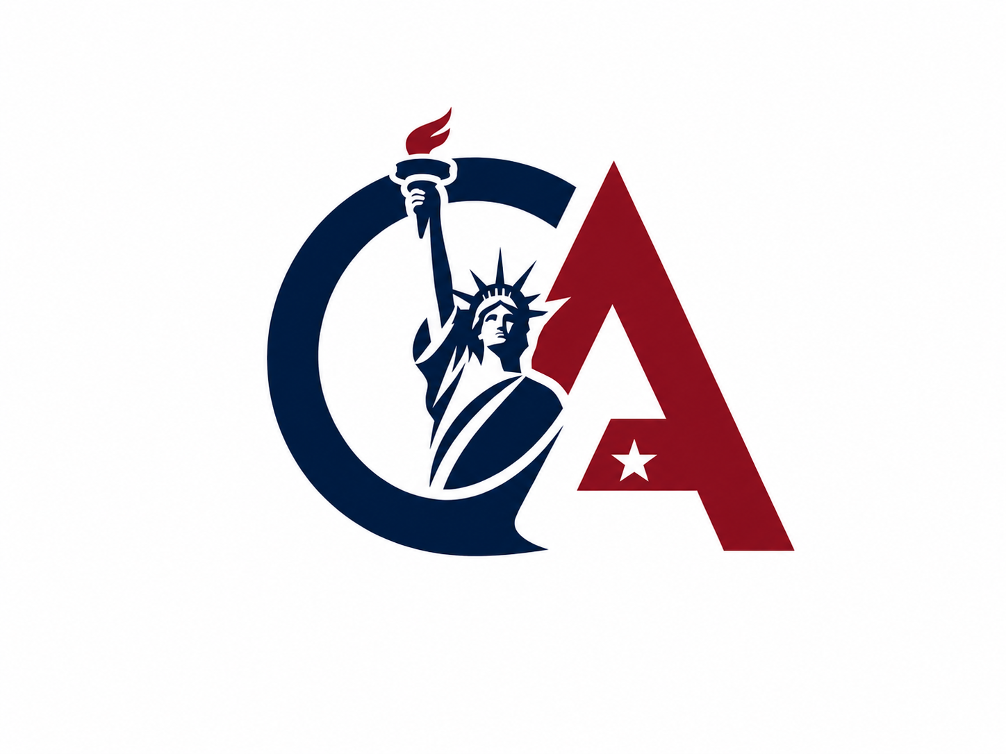 Logo com a letra C em azul, com a Estátua da Liberdade segurando uma tocha elevada, ao lado de uma letra A em vermelho, com uma estrela dentro da letra A.