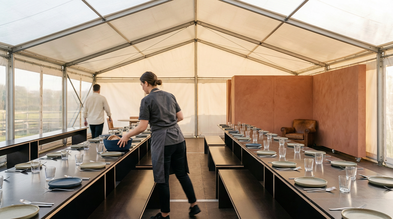 A woman setting a long dining table inside a tent with neutral-toned walls, set with plates, glasses, and cutlery, with a brown leather armchair at the back.