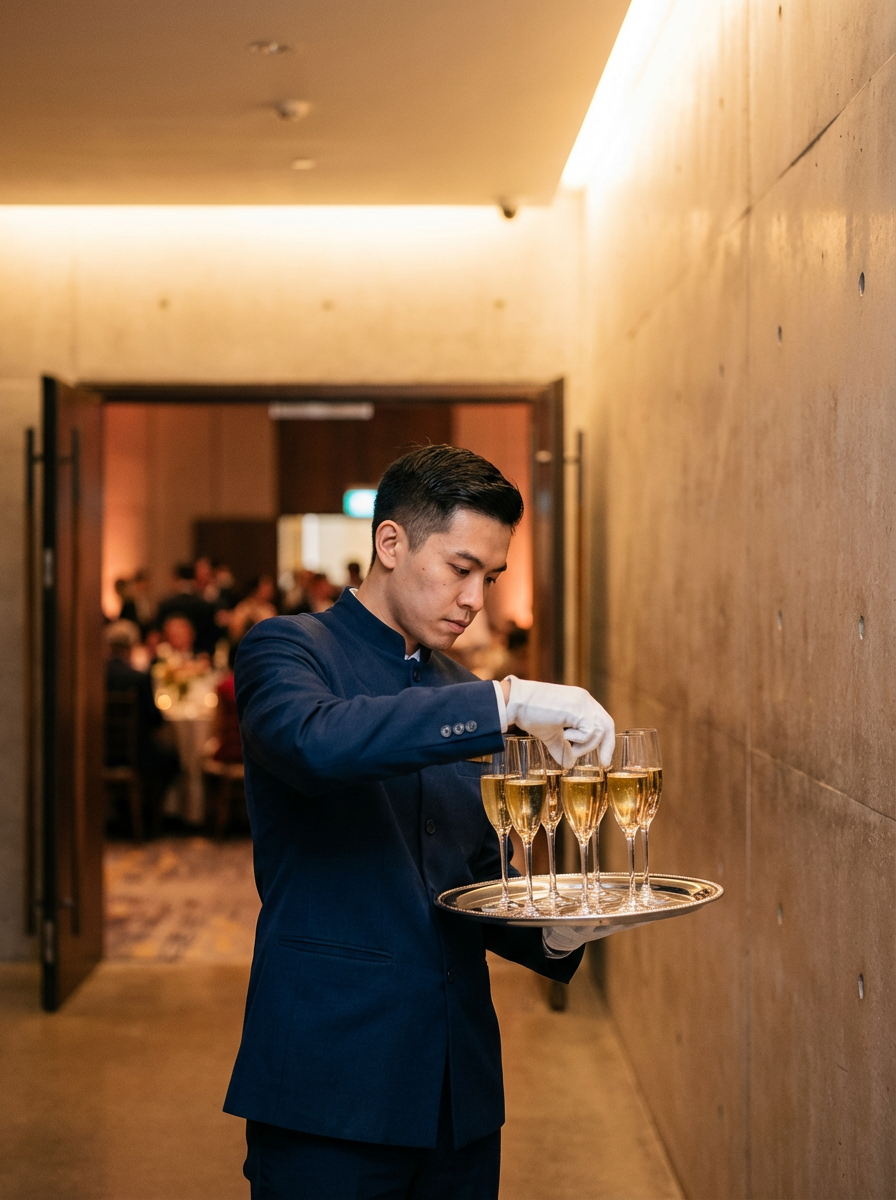 A man in a dark blue suit serving seven glasses of champagne on a silver tray in a formal dining setting.