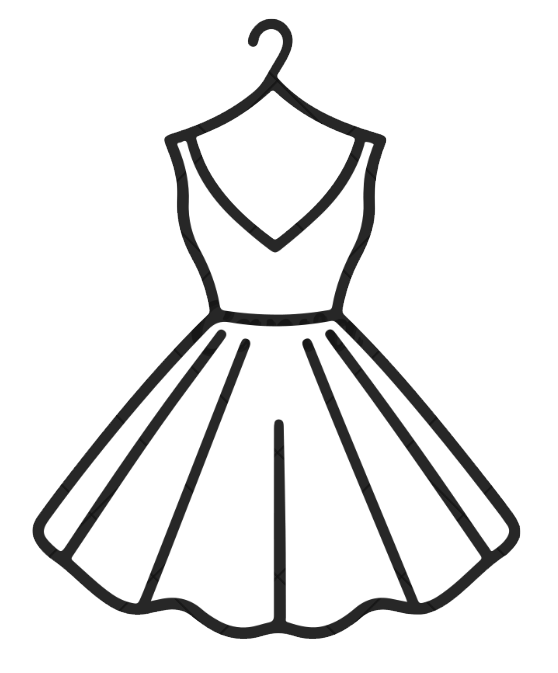 Black and white illustration of a sleeveless dress with a fitted bodice, V-neckline, and full skirt hanging on a hanger.
