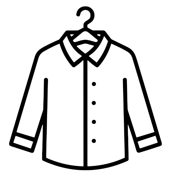Black and white line drawing of a long-sleeve button-up shirt hanging on a clothes hanger.