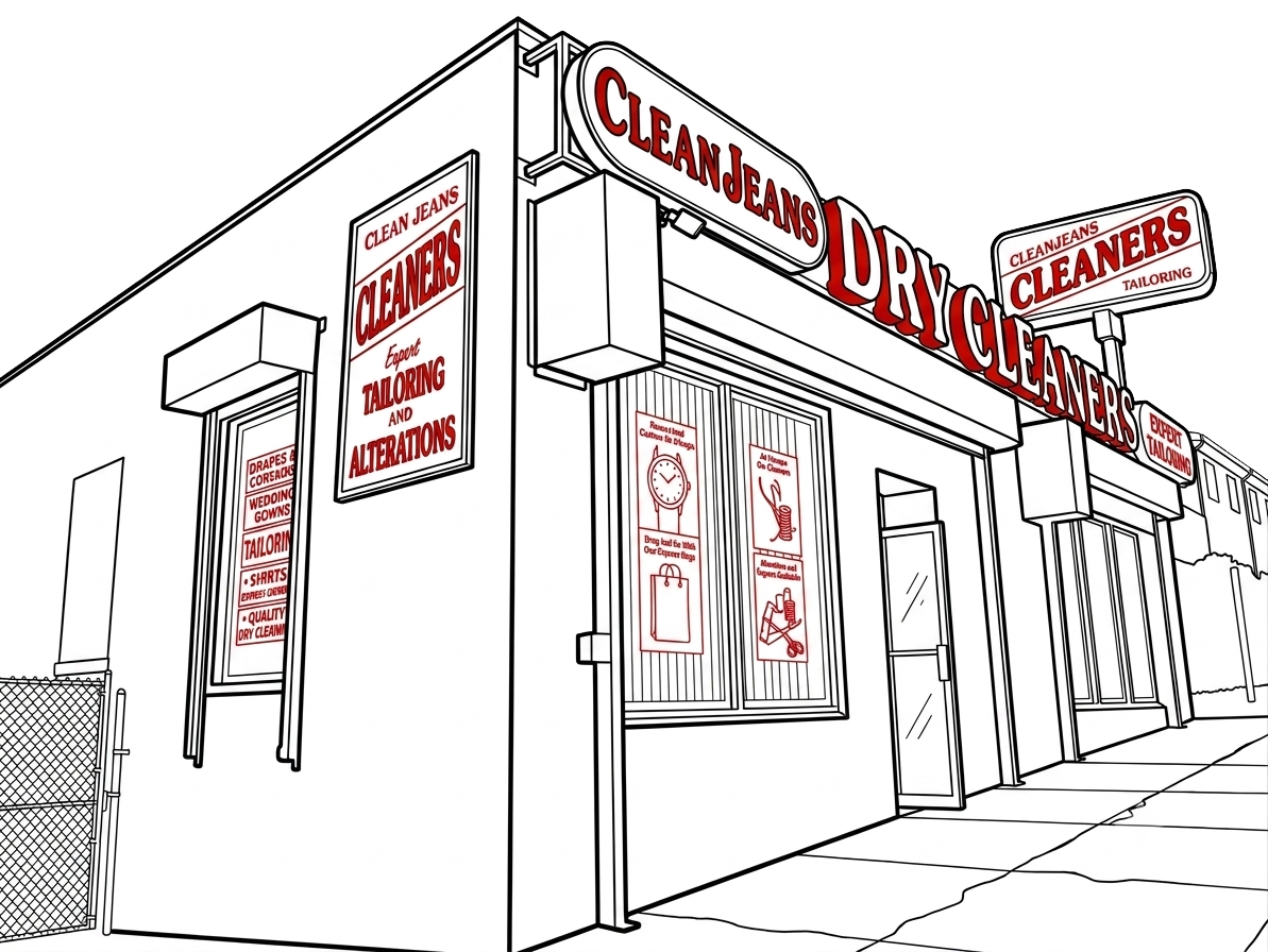 Illustration of a dry cleaning business storefront with signs advertising dry cleaning, tailoring, alterations, and other services in red text on white backgrounds.