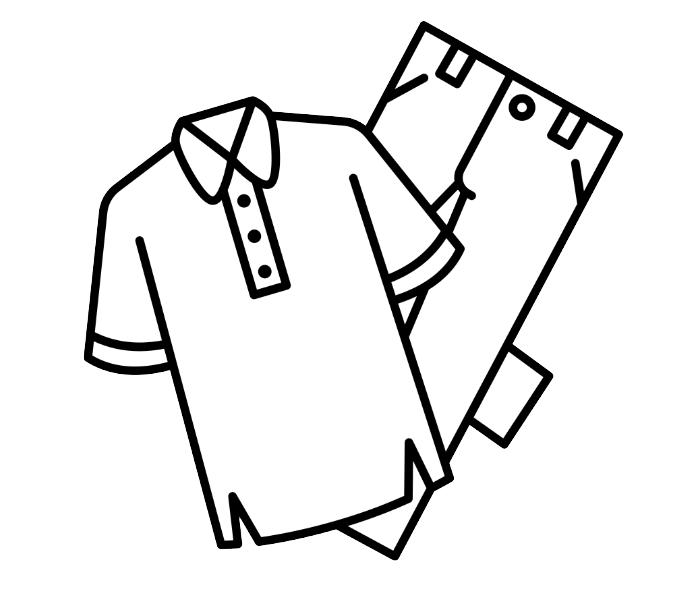 Line drawing of a short-sleeved collared shirt with a front pocket and a button placket.