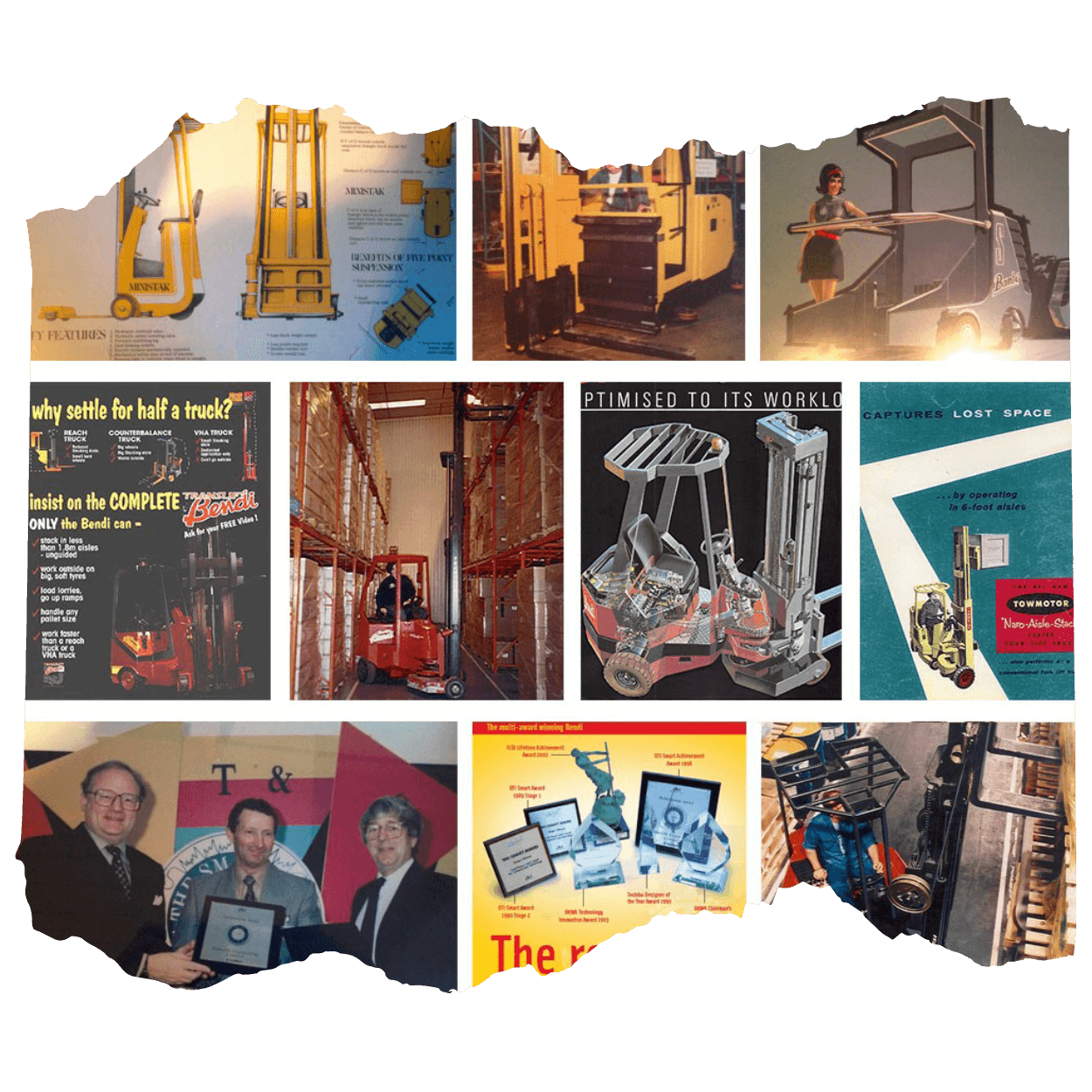 Collage of vintage forklift and machinery advertisements, warehouse photos, and award ceremonies.